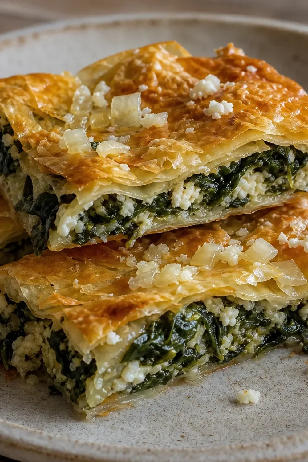 Crispy Albanian byrek filled with spinach and feta, plated beautifully.