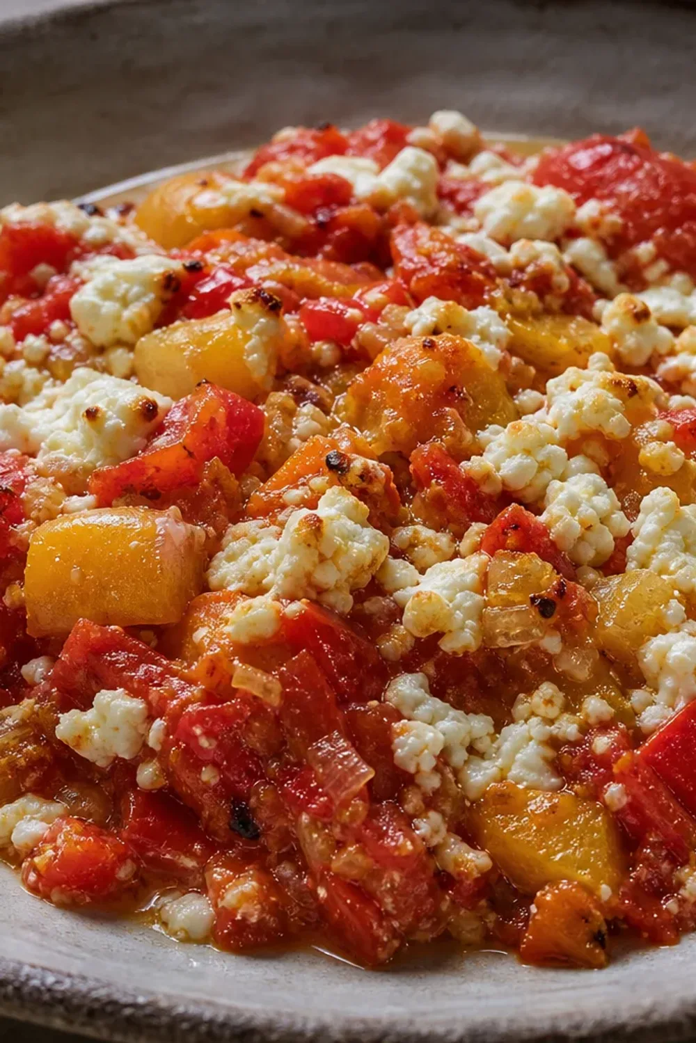 A vibrant plate of Albanian Fërgesë with colorful peppers, melted cheese, and a rich tomato sauce, garnished with fresh herbs.