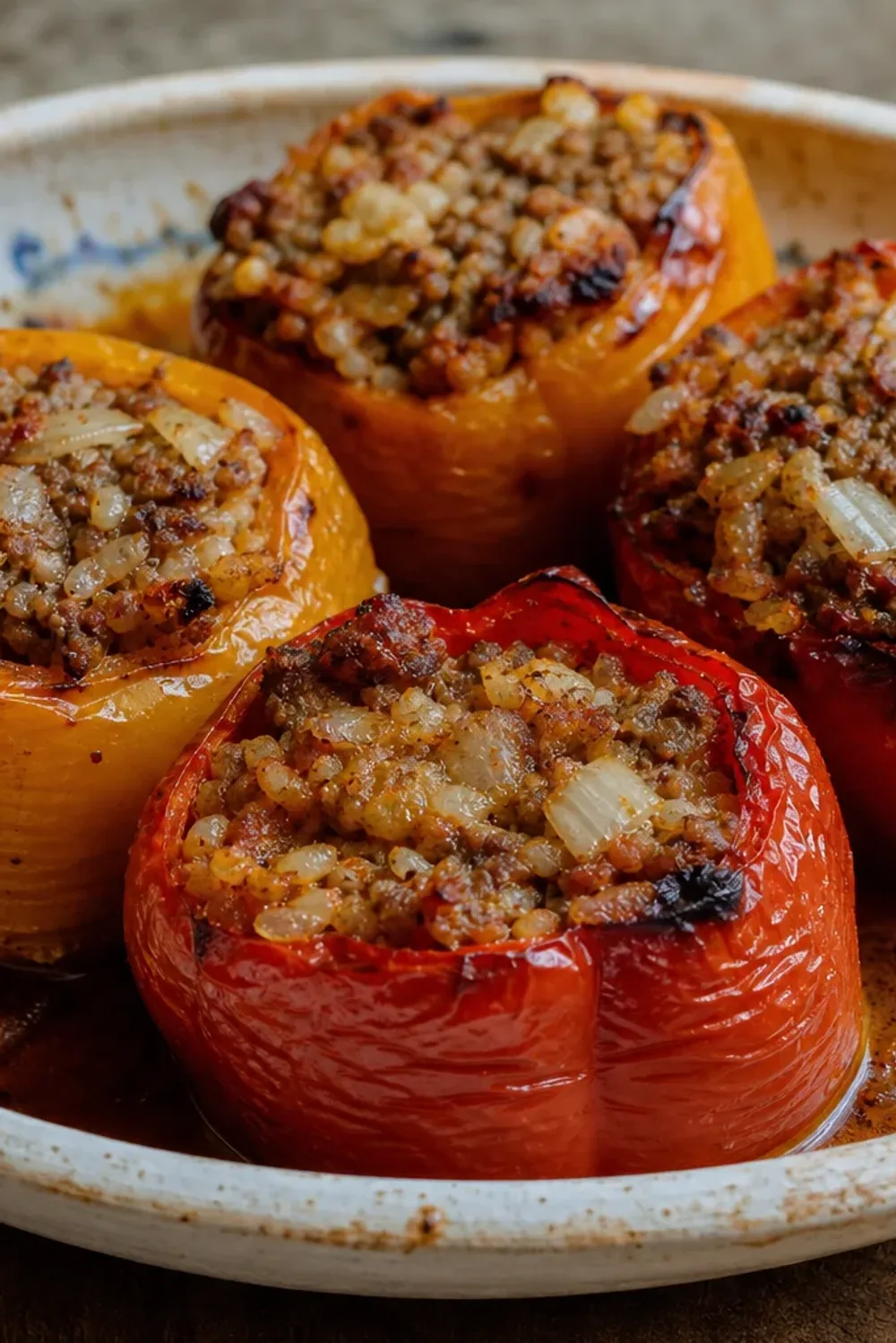 Stuffed bell peppers with beef and rice, garnished with herbs and spices.