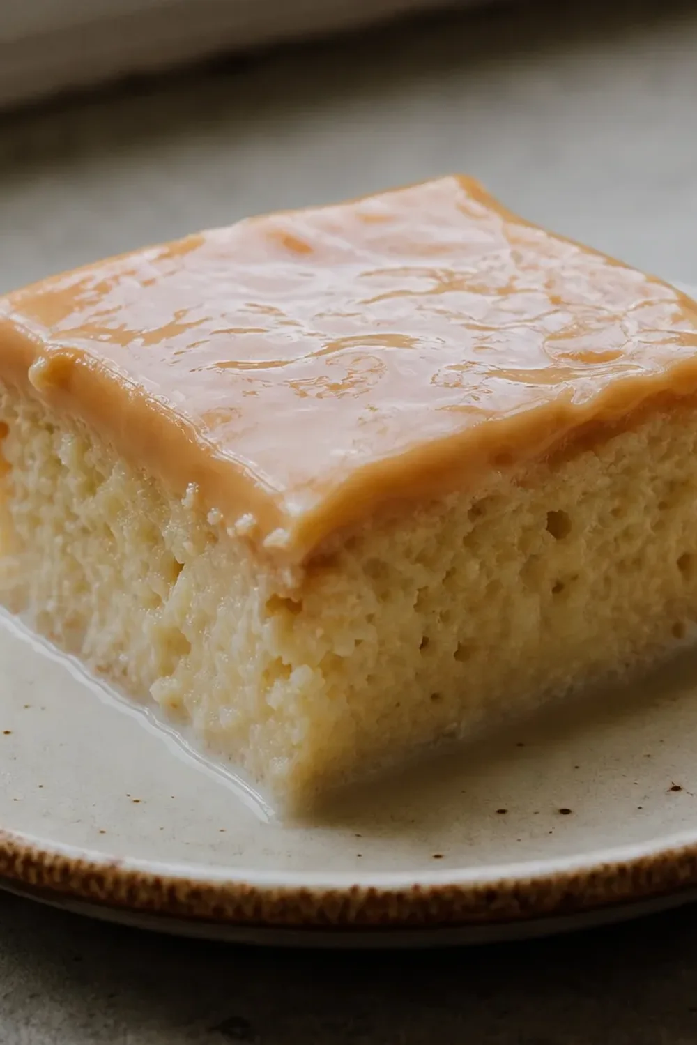 Layers of moist sponge cake soaked in milk and topped with caramel sauce, garnished with nuts.