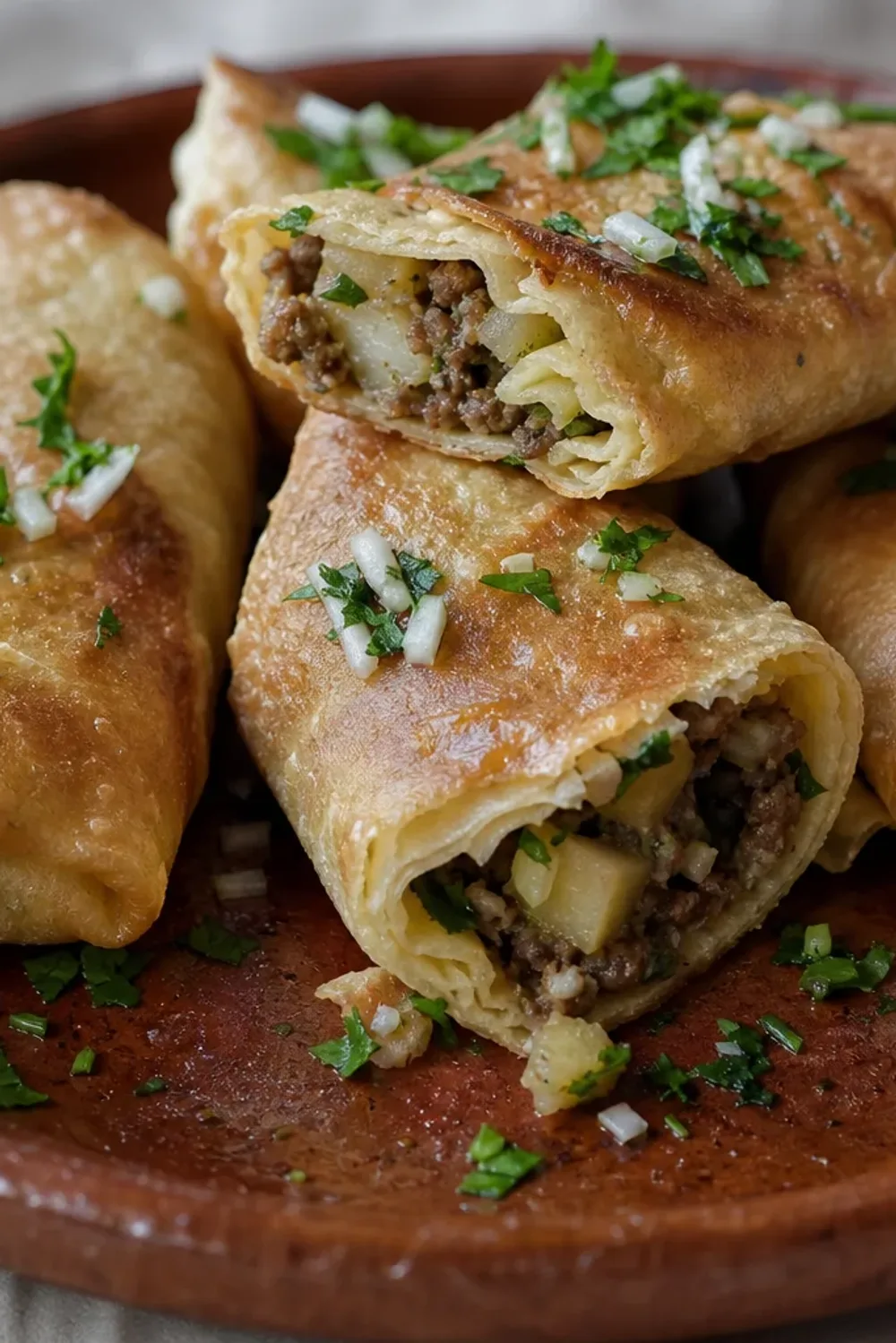 Golden crispy bourek filled with spiced beef and diced potatoes, garnished with parsley.