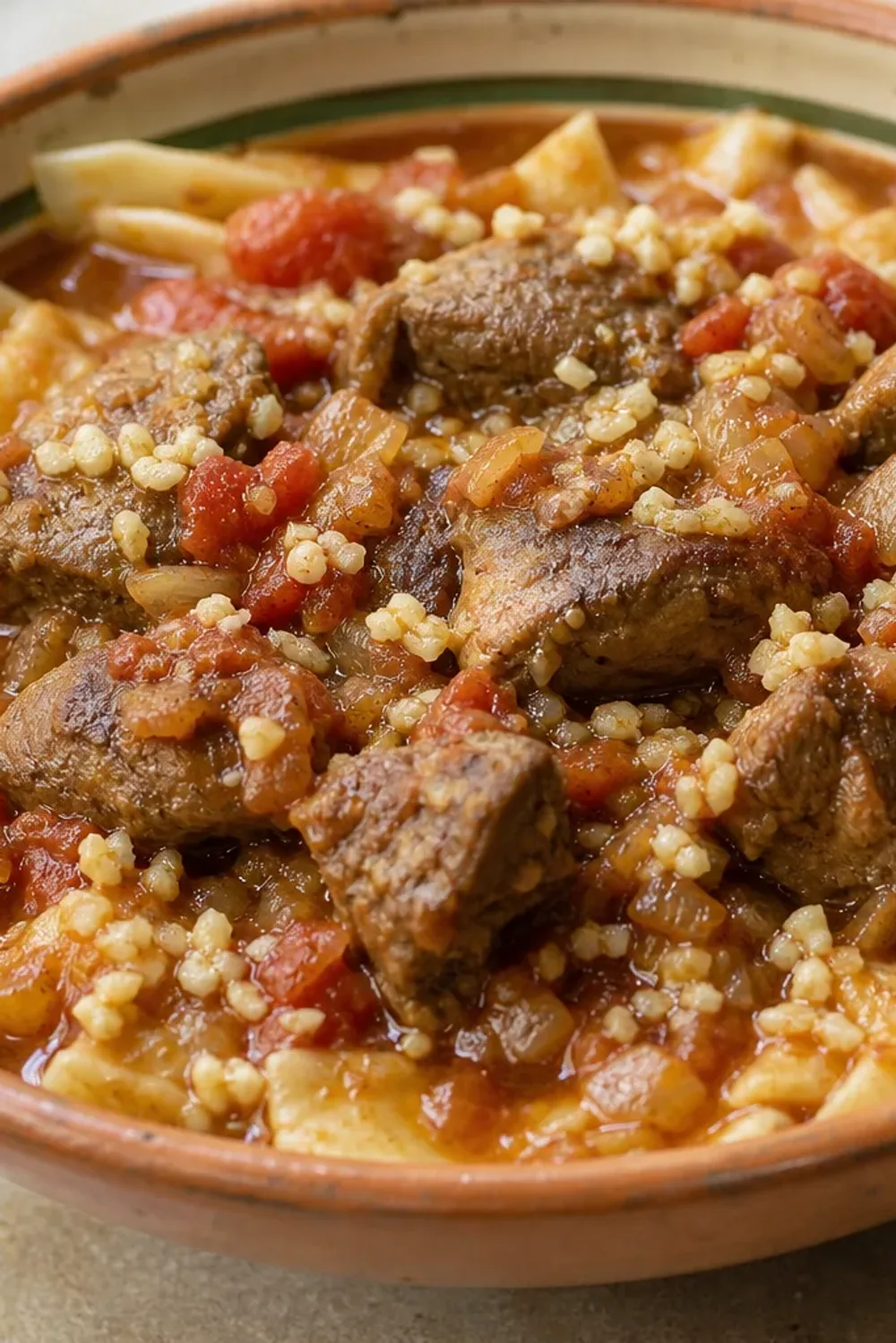 Layered chakhchoukha with lamb, spiced tomato sauce, and herbs garnished on a plate.