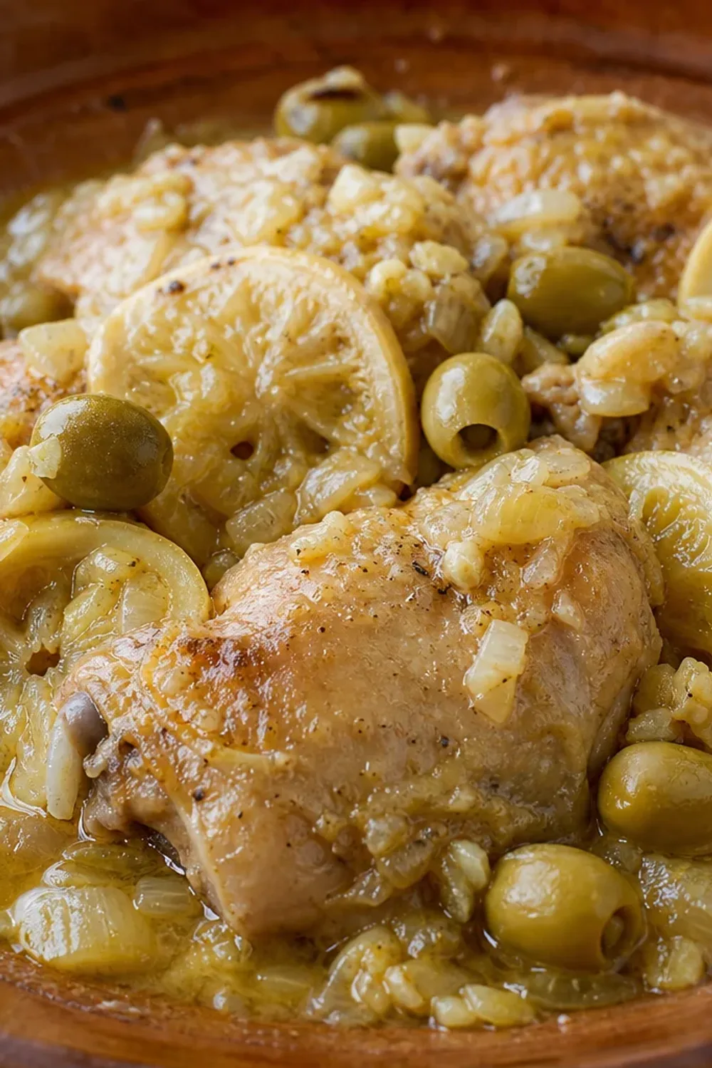 A vibrant plate of Algerian Chicken Tajine with olives, lemon, and tender chicken, garnished with fresh herbs.