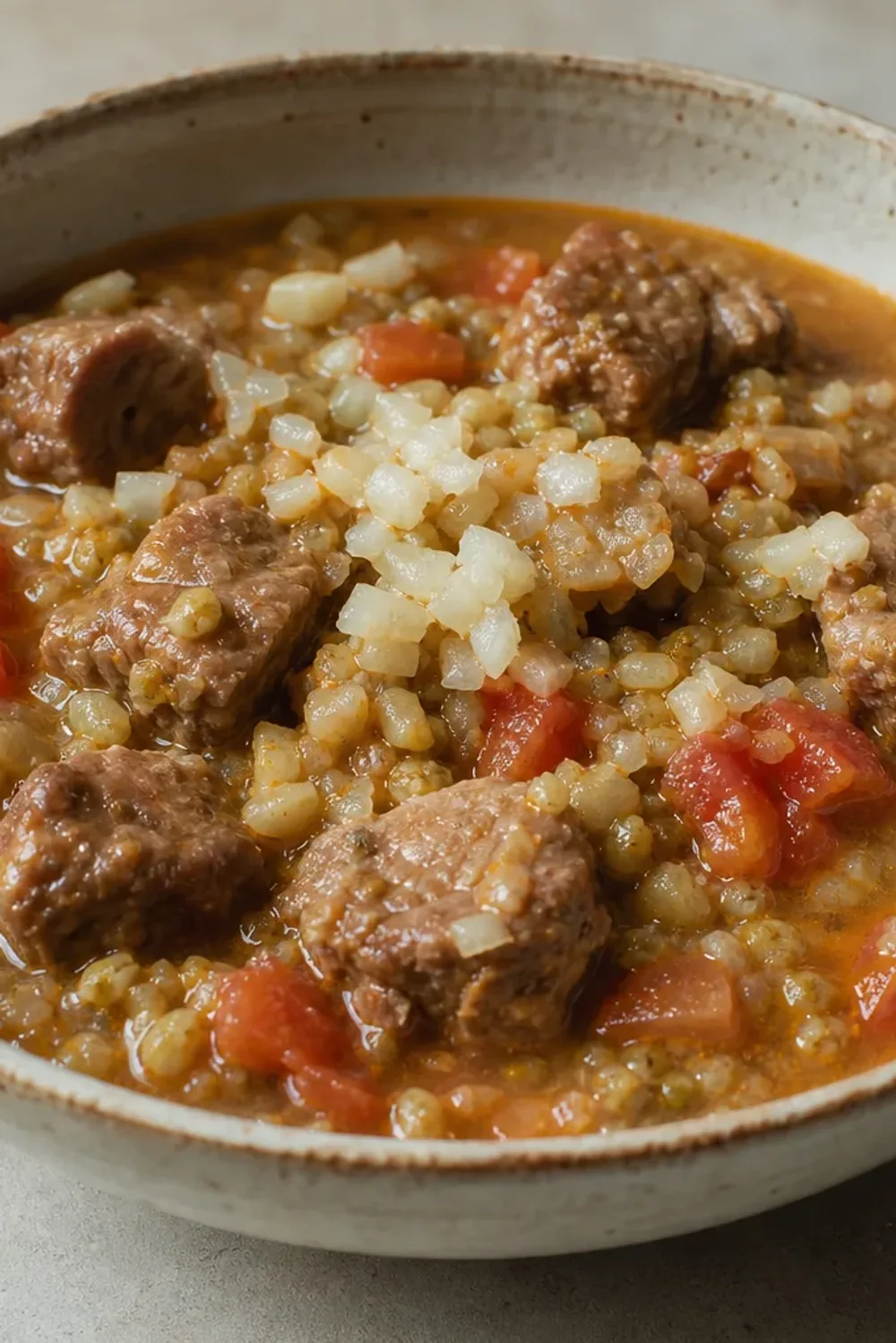 A hearty bowl of Chorba Frik featuring tender lamb, vibrant tomatoes, and green wheat, garnished with fresh herbs.