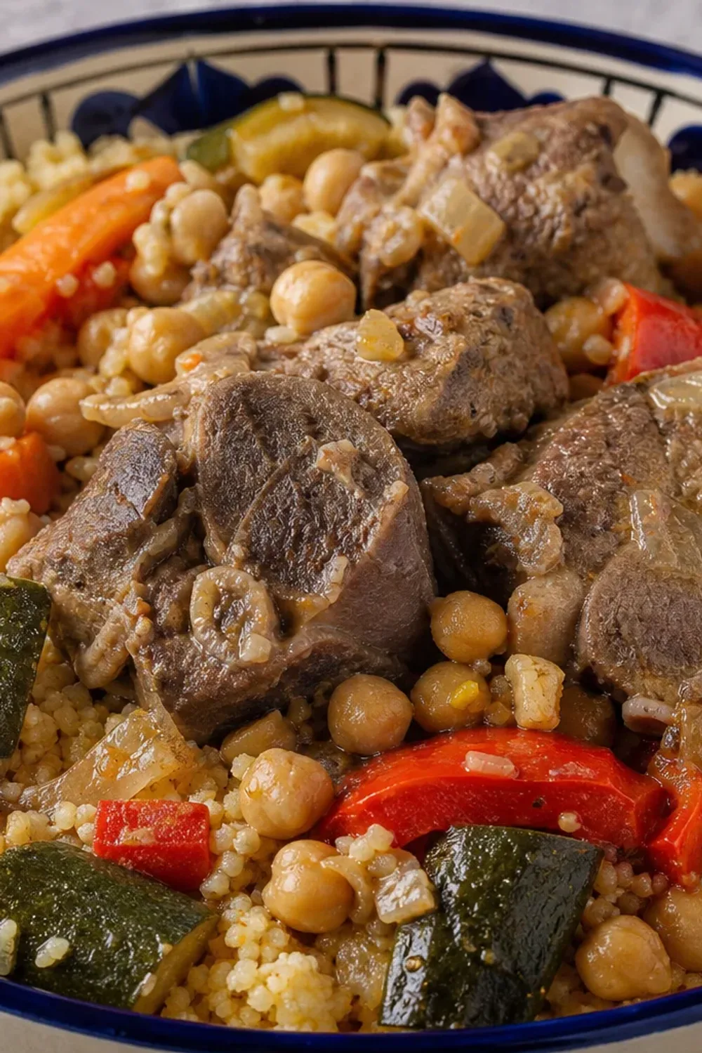 A colorful plate of couscous topped with lamb, chickpeas, and mixed vegetables, beautifully garnished.