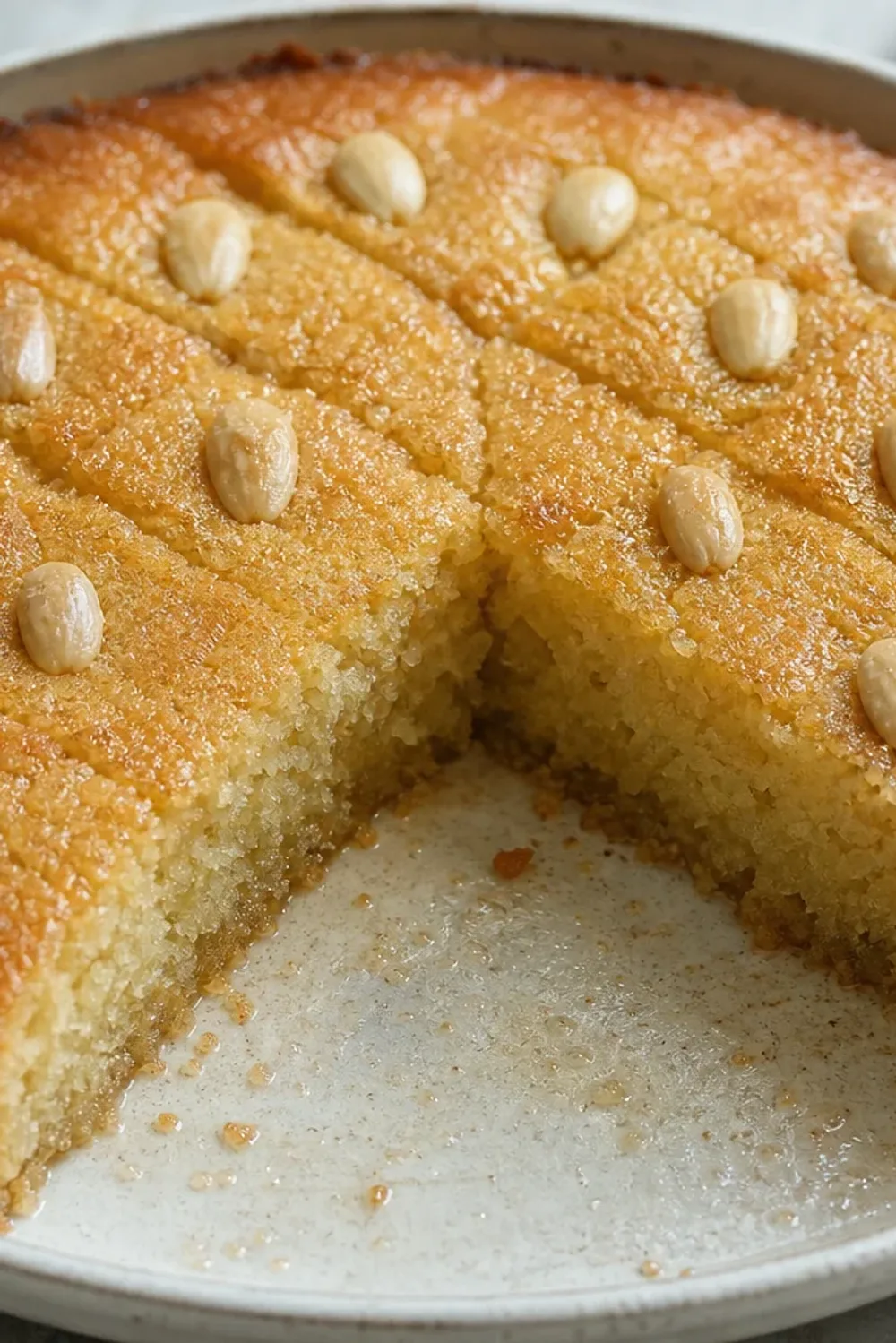 A slice of kalb el louz cake topped with almonds, golden syrup glistening on a decorative plate.