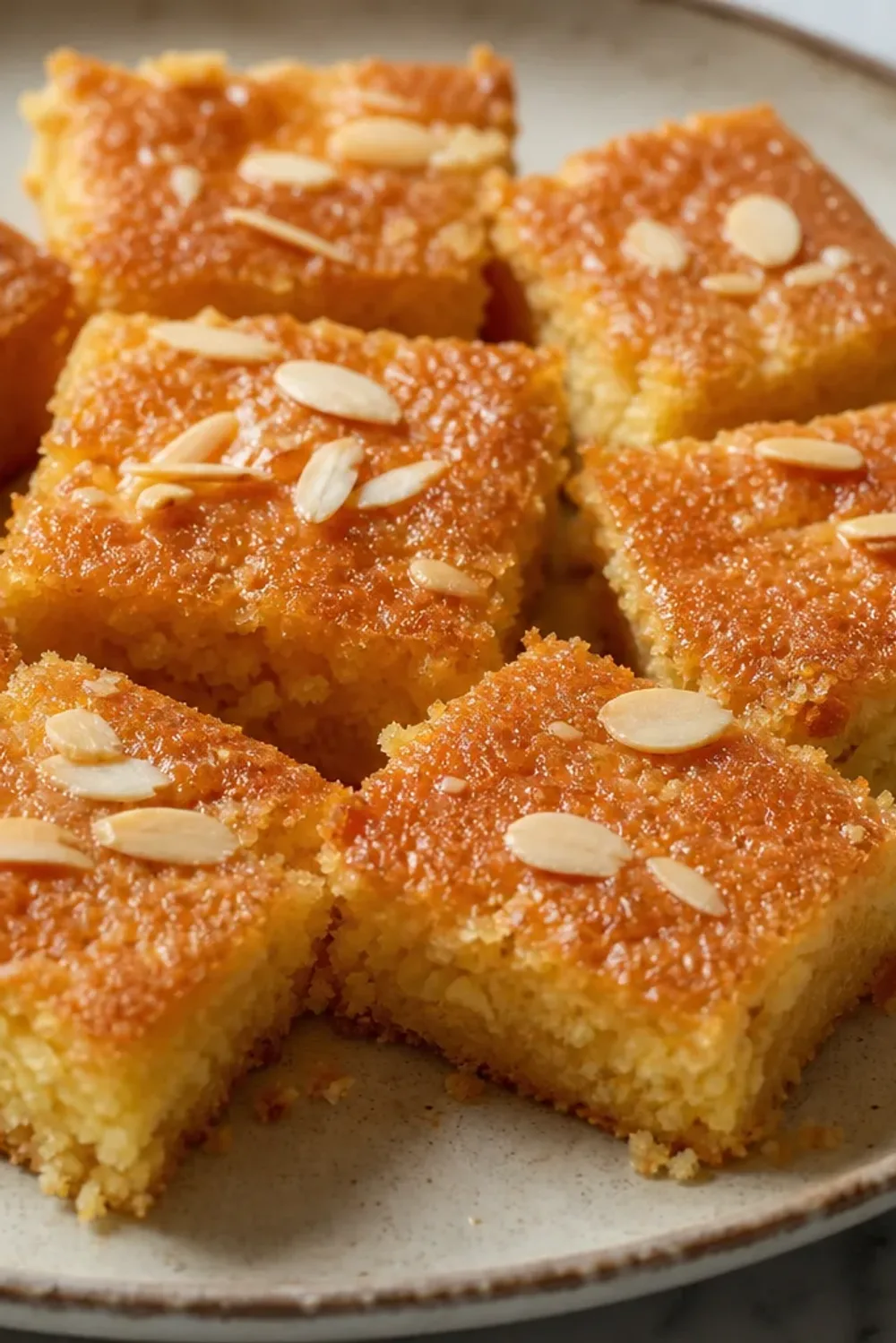 Golden semolina cake topped with slivered almonds and drizzled with syrup, served in a decorative plate.