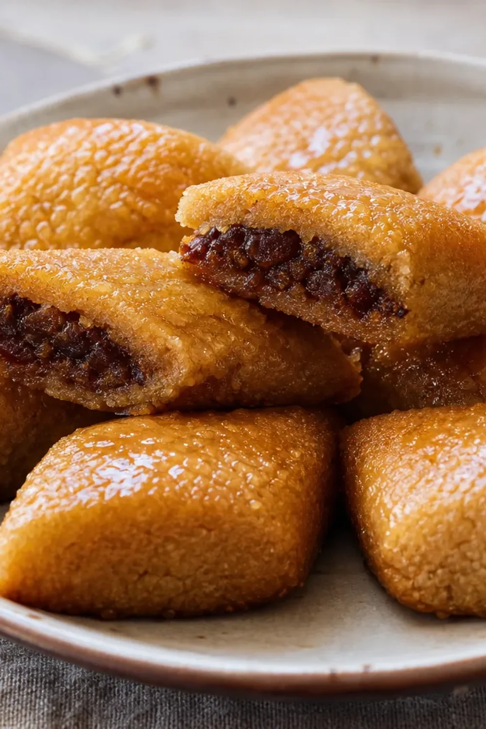 Golden-brown Algerian makroud pastries filled with sweet dates, drizzled with honey, served on a decorative plate.