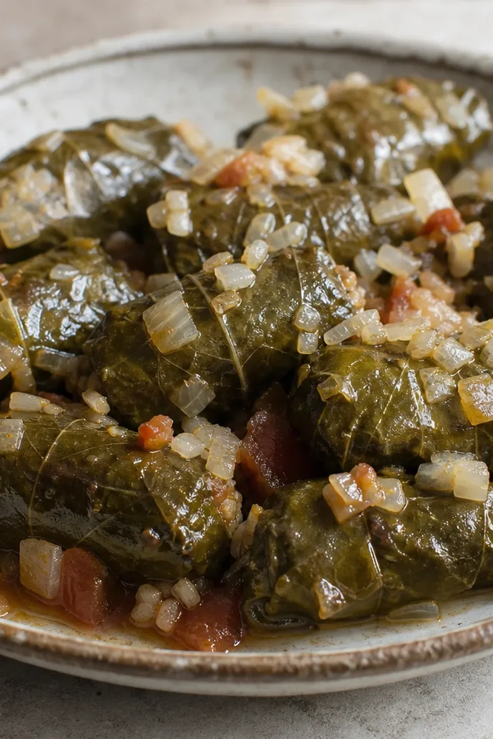 Tender grape leaves wrapped around a savory beef and rice filling, elegantly plated.