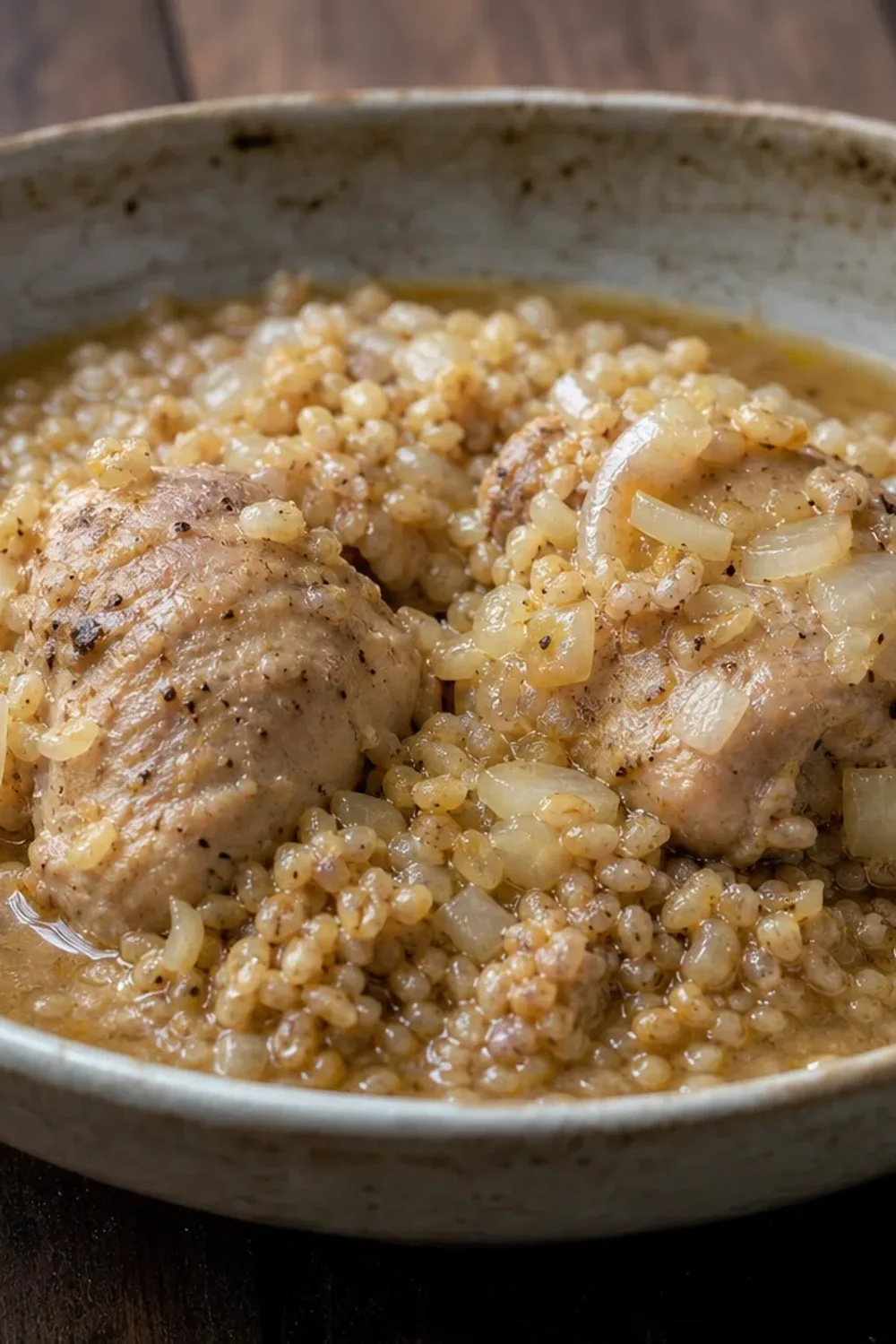 Creamy harissa with tender chicken, cracked wheat, and herbs, elegantly served in a bowl.