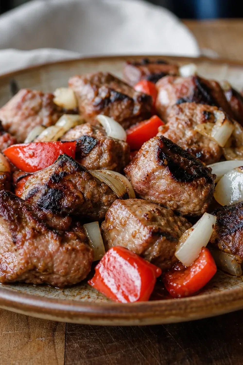Grilled pork skewers with colorful vegetables on a plate, garnished with herbs.