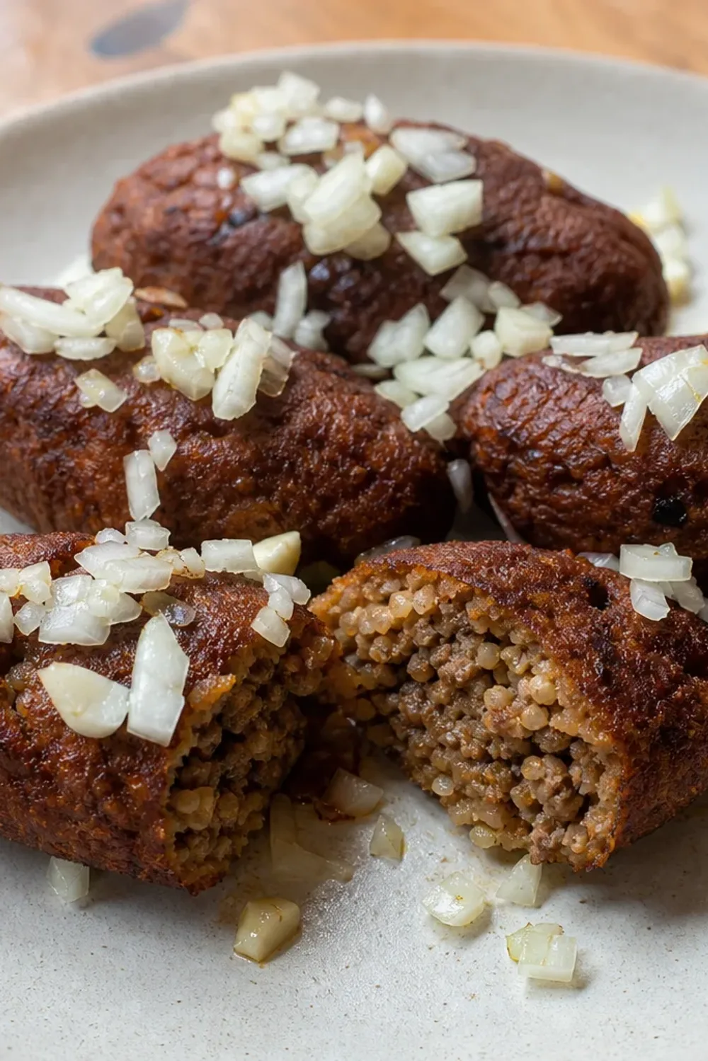 Golden-brown kyufta patties with bulgur and spiced beef, garnished with herbs on a white plate.