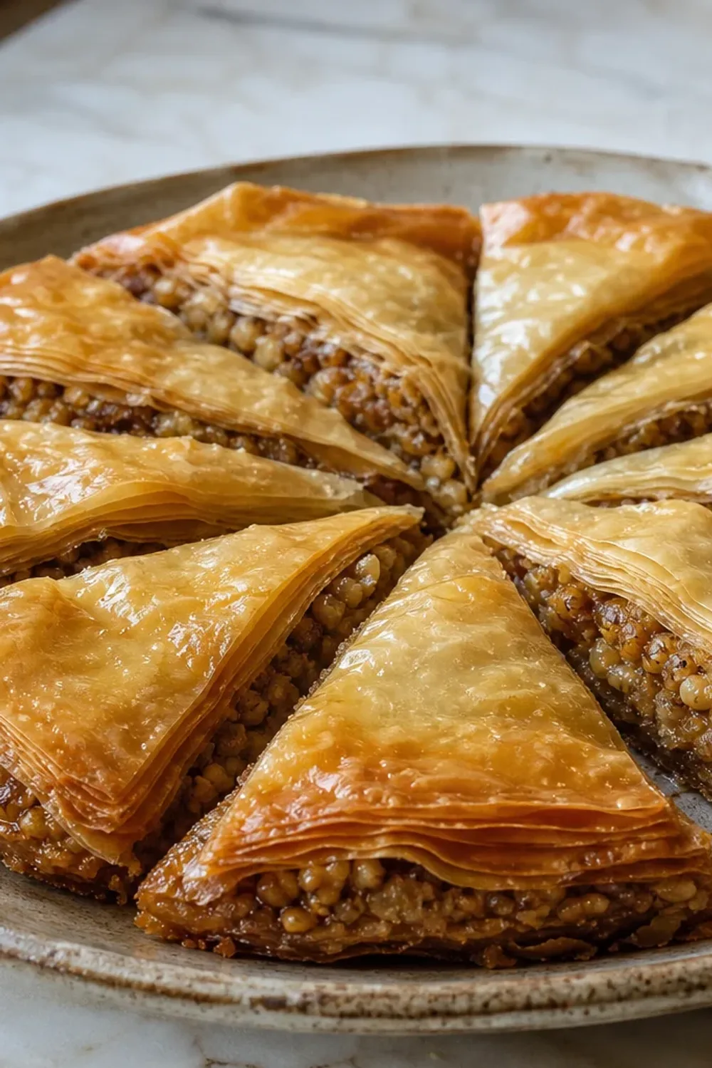 Golden layers of pakhlava with walnut filling, drizzled with honey, beautifully plated.