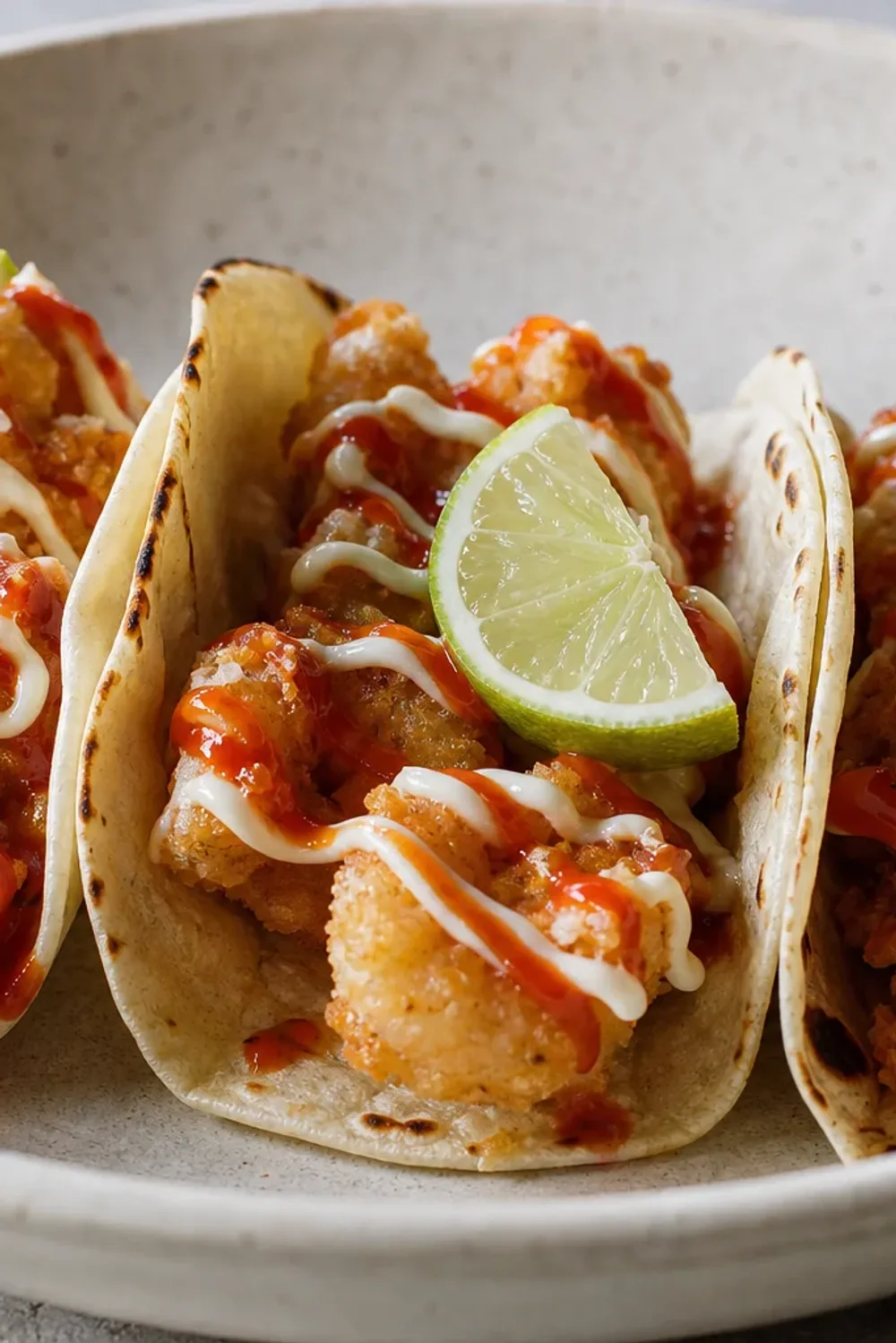 Crispy shrimp tacos topped with fresh lime crema, garnished with cilantro and served in soft tortillas.