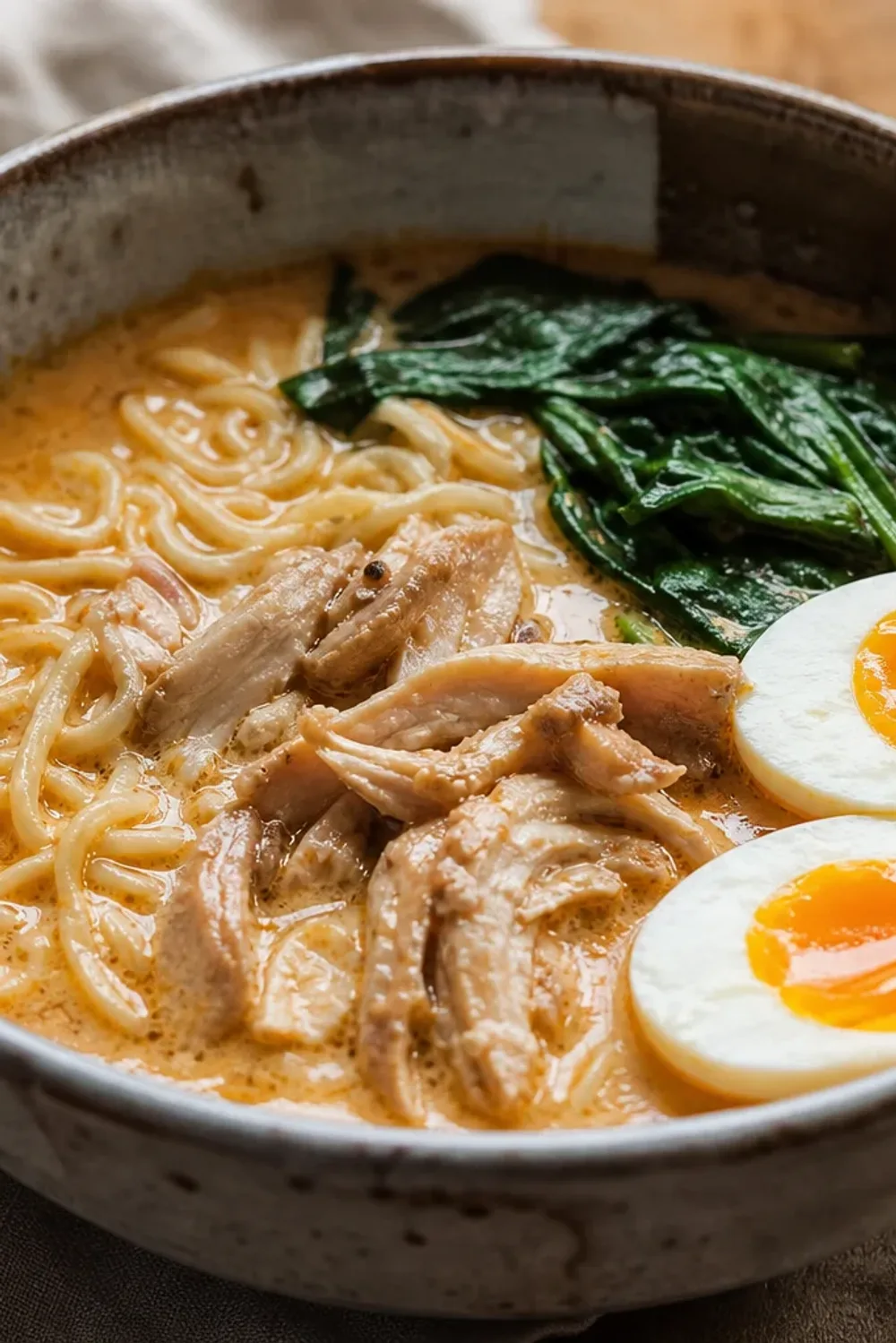 Bowl of ramen topped with soft-boiled eggs, vibrant curry broth, and fresh herbs.