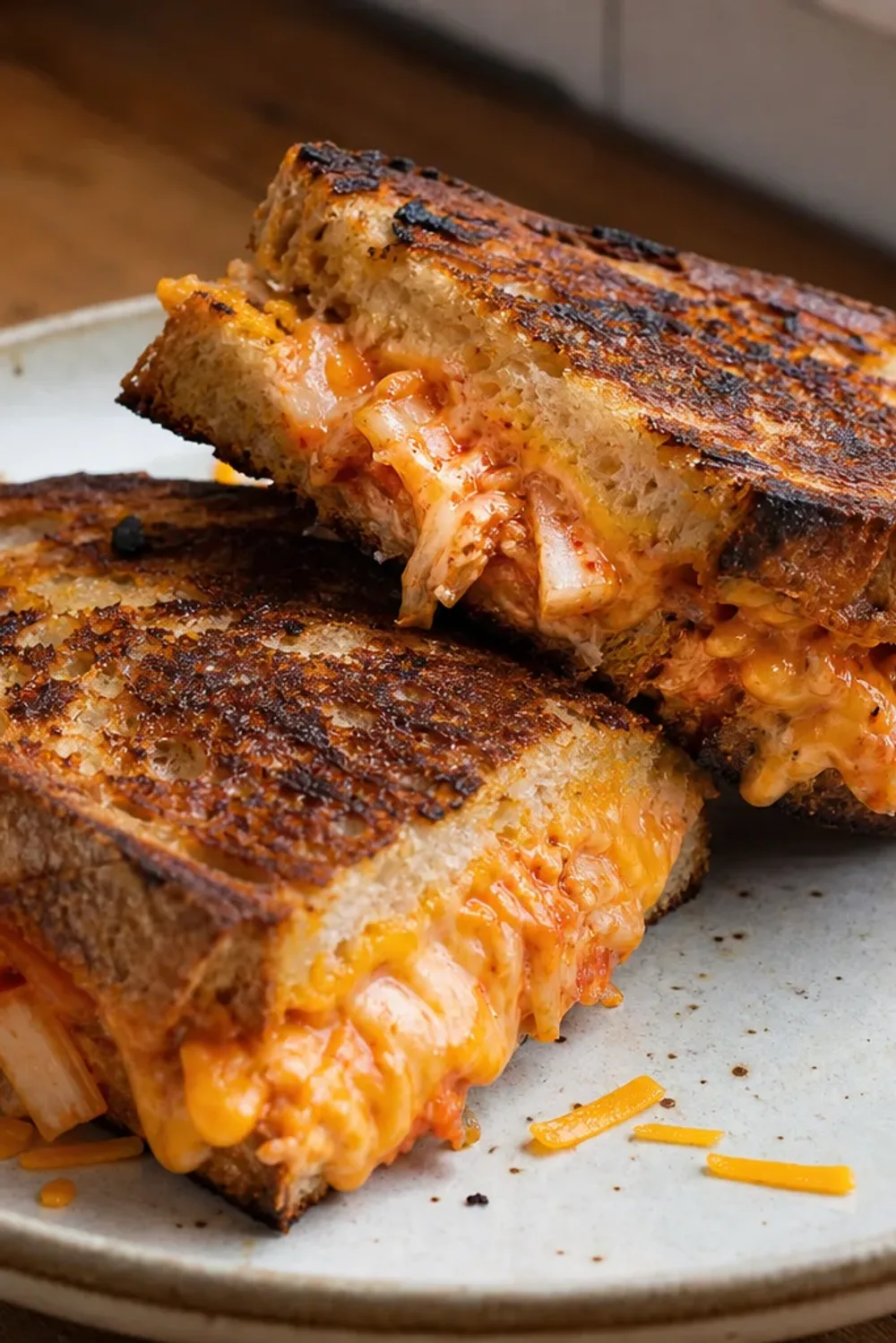 Golden grilled cheese sandwich with melted cheese, kimchi, and crispy edges, served with spicy mayo dip.