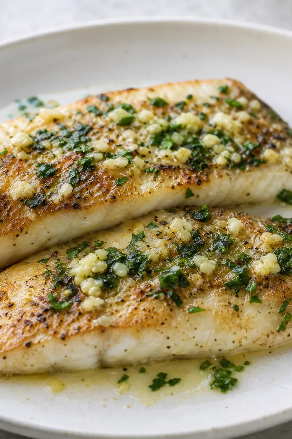 Pan-seared barramundi fillets topped with lemon butter and fresh herbs, plated beautifully.