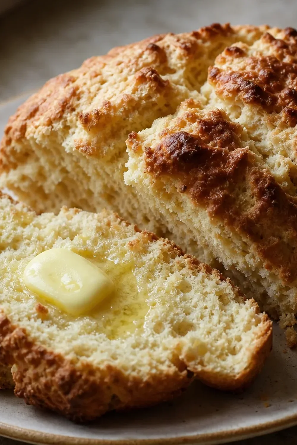 Freshly baked damper bread with a golden crust, butter melting, and golden syrup drizzled on top.