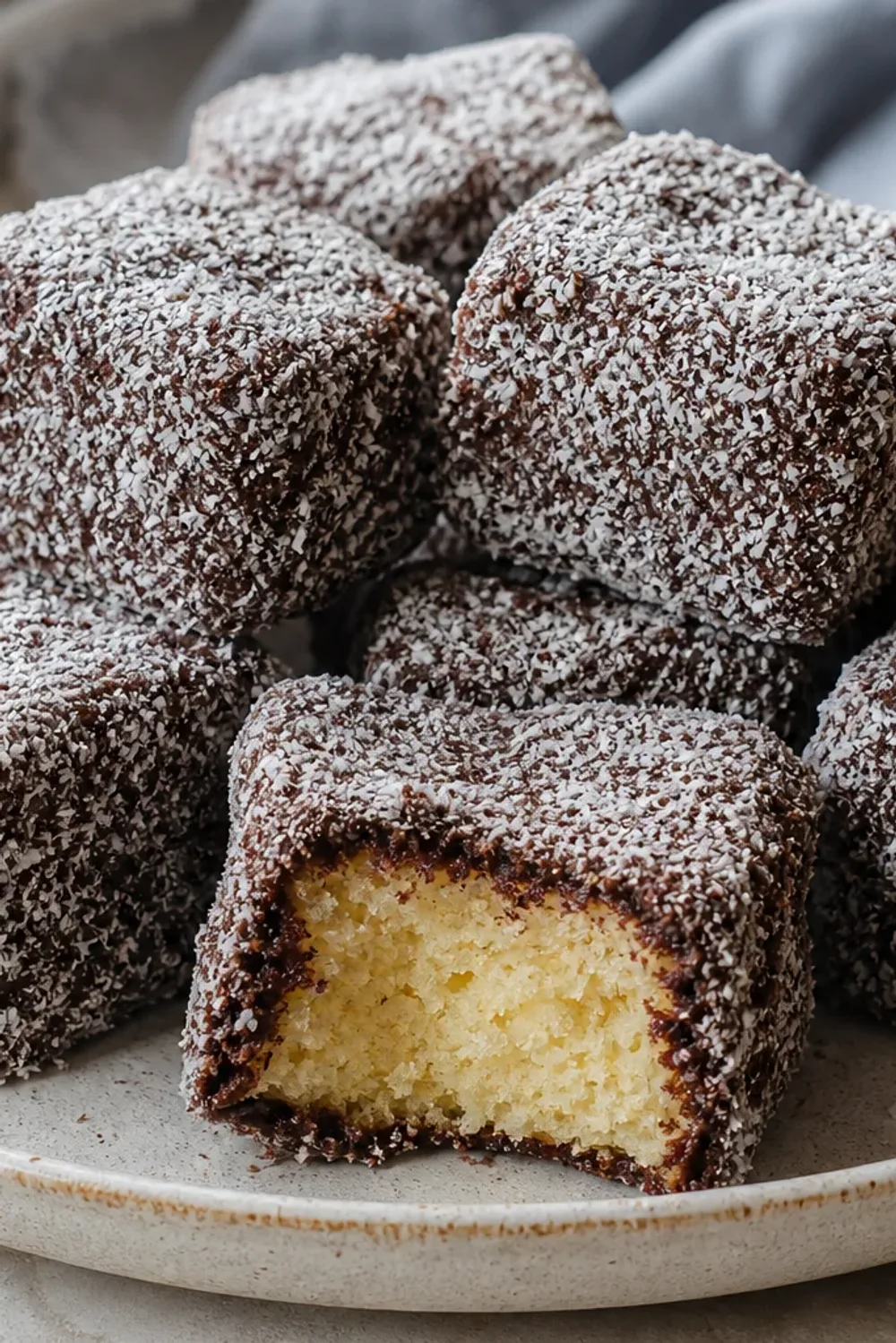Layered sponge cake coated in chocolate icing and coconut flakes on a plate.