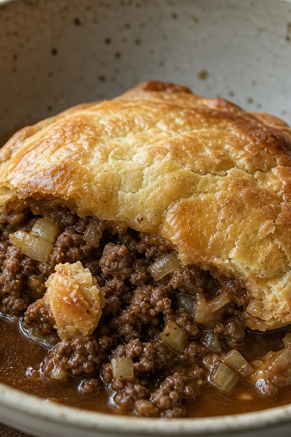 Golden brown meat pie with flaky crust, sliced to reveal beef filling and rich gravy inside.