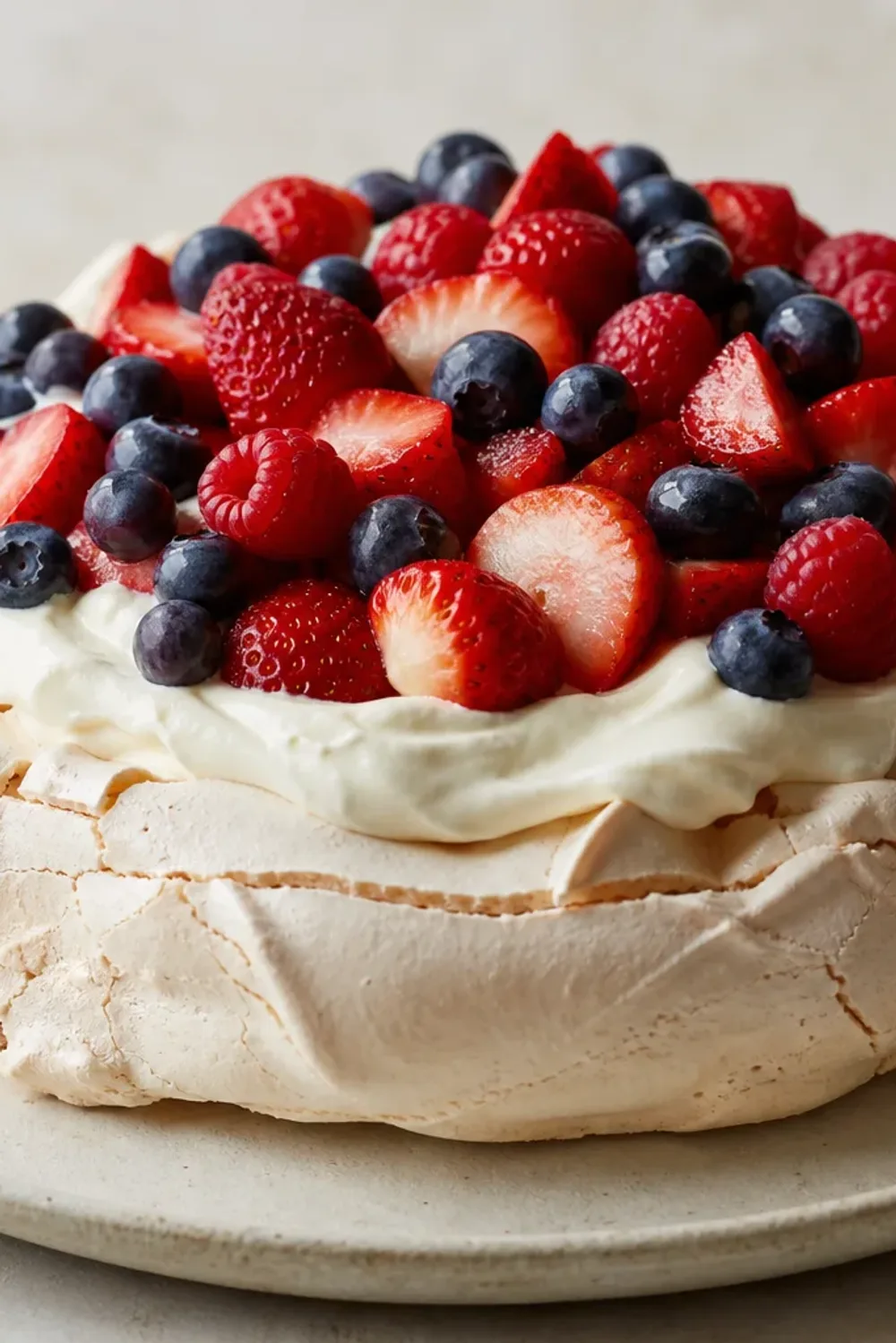 Light and airy pavlova topped with colorful fresh berries and passion fruit, elegantly plated.
