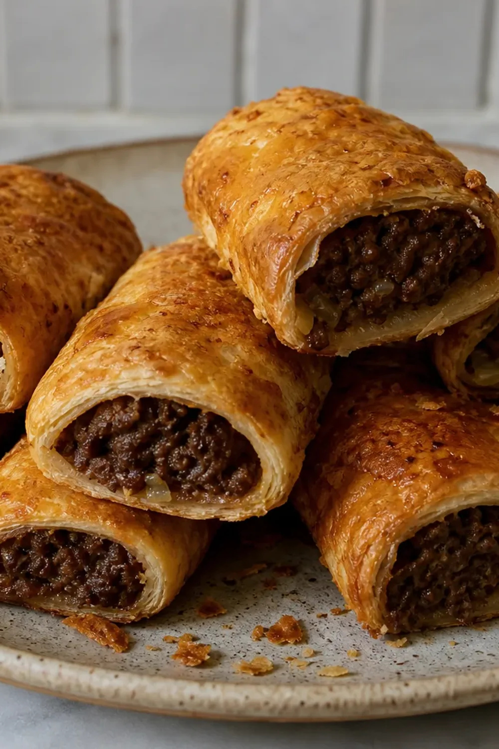 Golden flaky pastry rolls filled with savory beef, garnished with herbs on a plate.