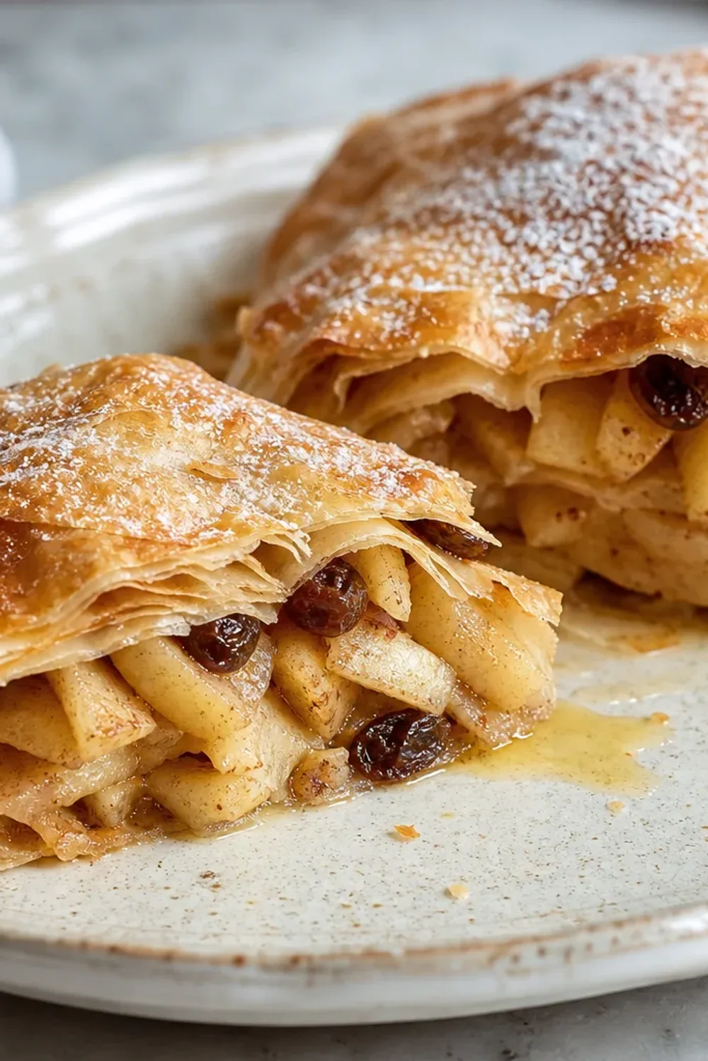 Golden-brown Austrian Apfelstrudel filled with cinnamon apples and raisins, garnished with powdered sugar.