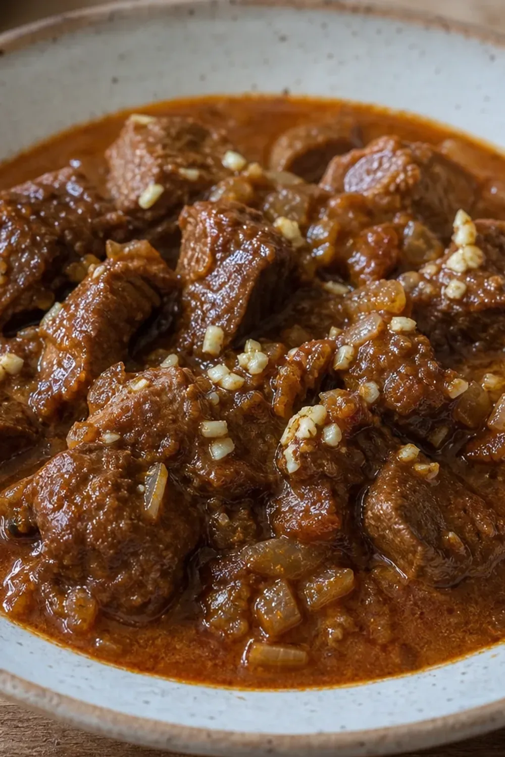 Thick, hearty beef goulash garnished with fresh herbs, served in a rustic bowl with a side of bread.