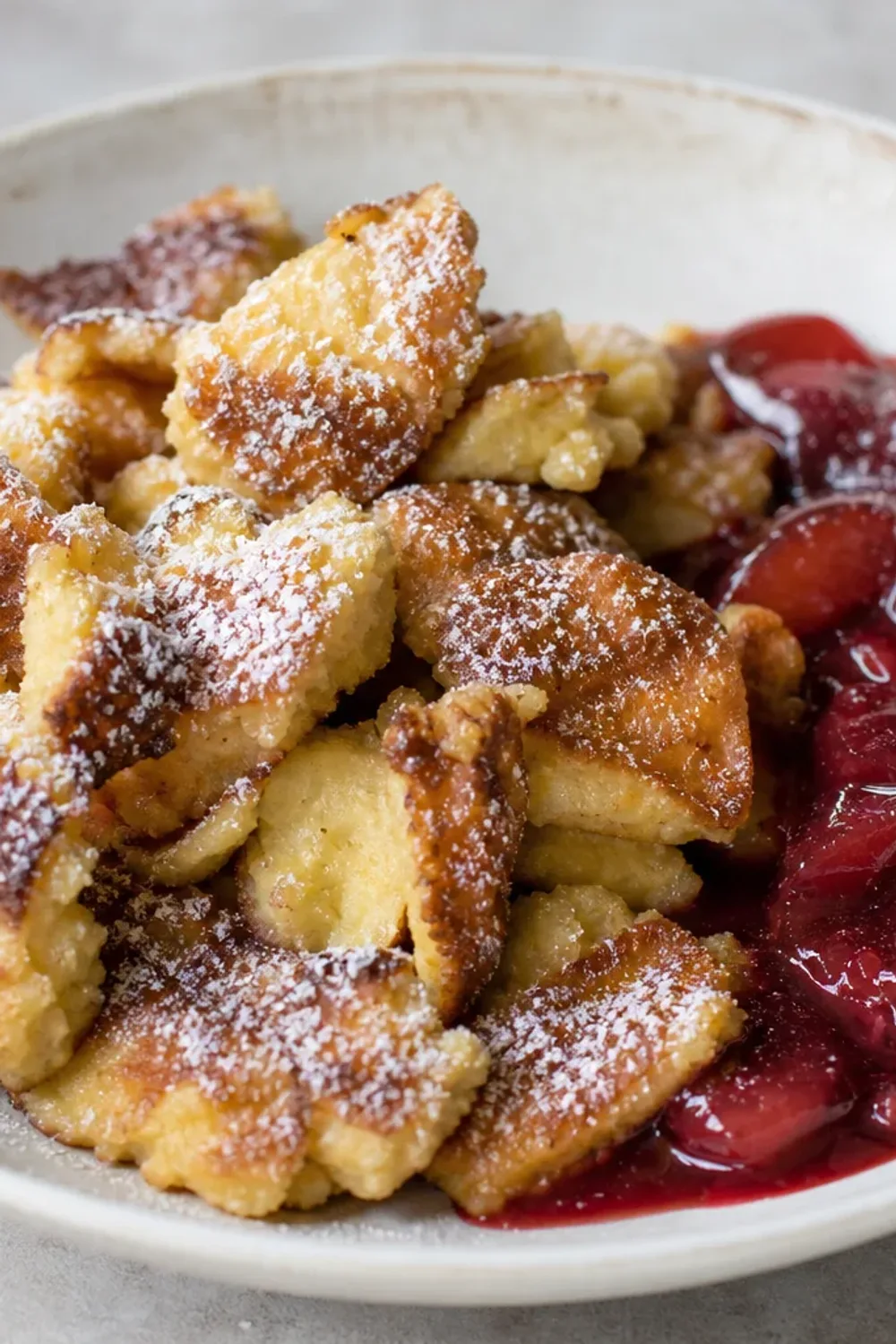 Fluffy shredded pancakes drizzled with plum compote and dusted with powdered sugar.