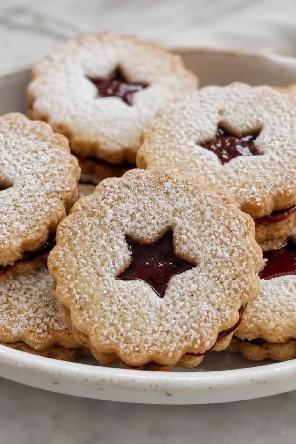 Two layered Linzer cookies filled with raspberry jam and dusted with powdered sugar, showcasing a delicate texture.