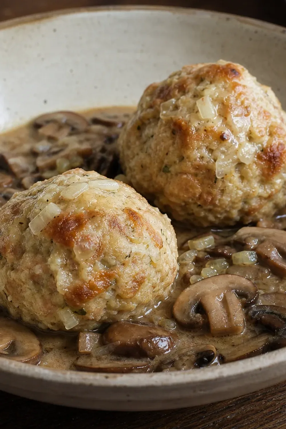 Fluffy bread dumplings topped with creamy mushroom sauce and fresh parsley on a white plate.