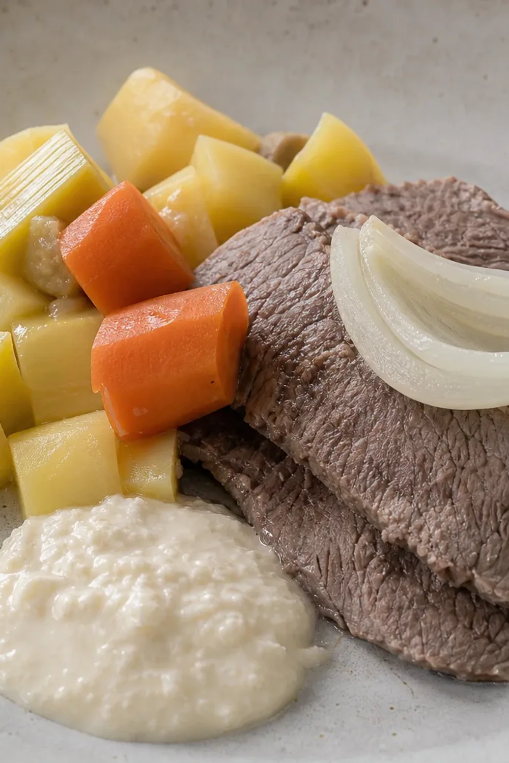 Tender slices of boiled beef with colorful root vegetables and creamy horseradish sauce elegantly plated.