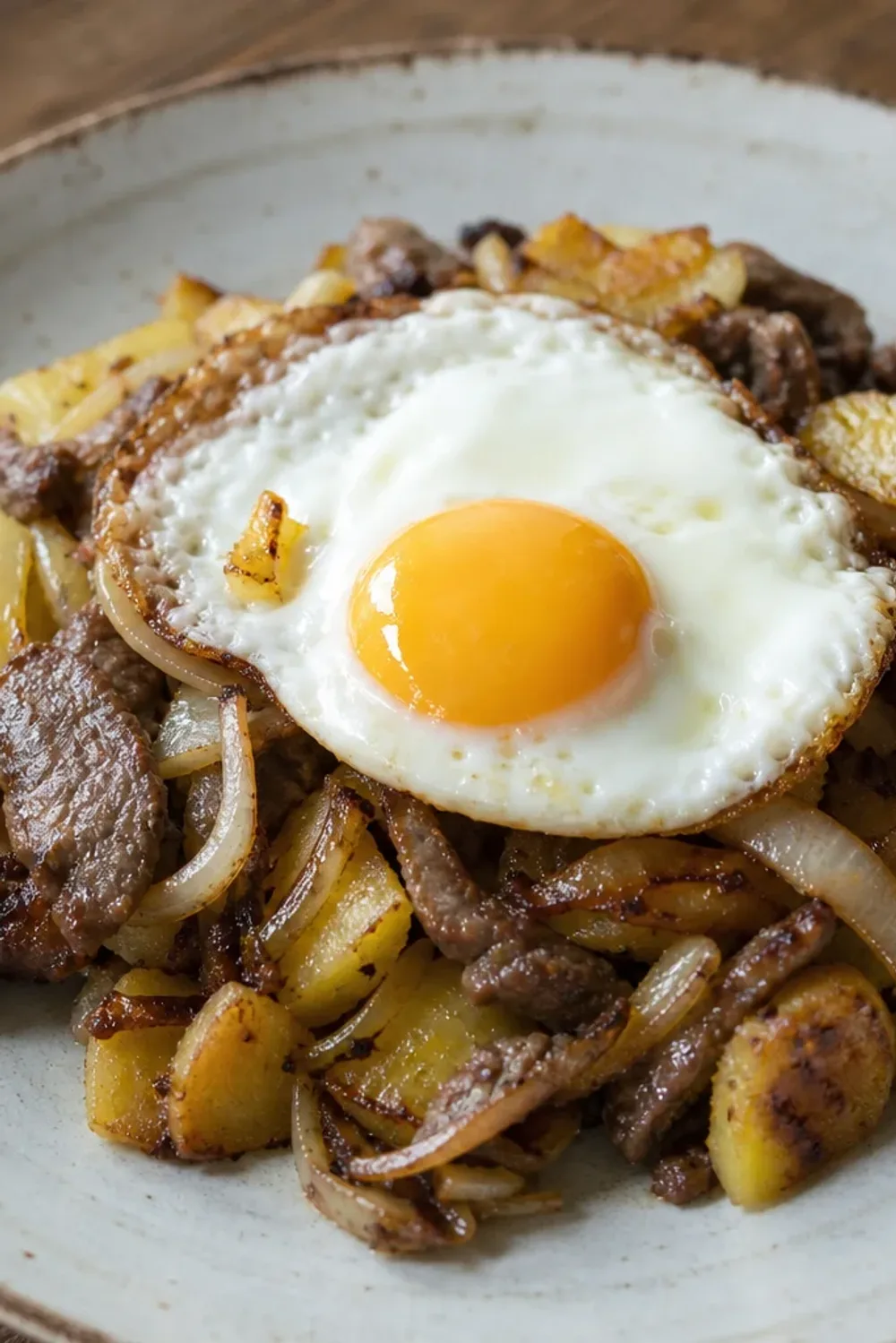 Plated Tiroler Gröstl featuring golden potatoes, tender beef, and a sunny-side-up egg, garnished with fresh herbs.