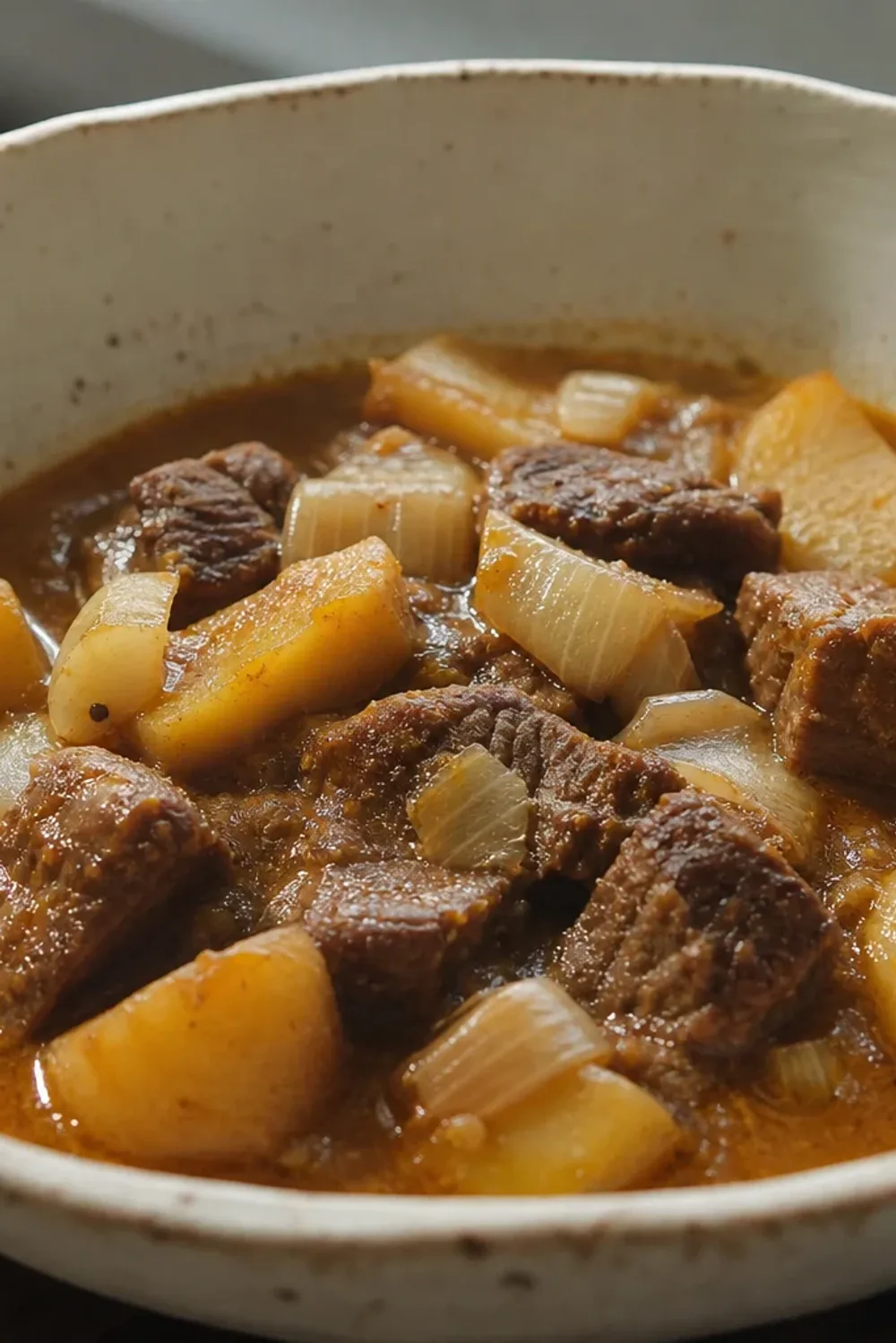 Creamy Massaman curry with beef, potatoes, and aromatic spices served in a bowl.