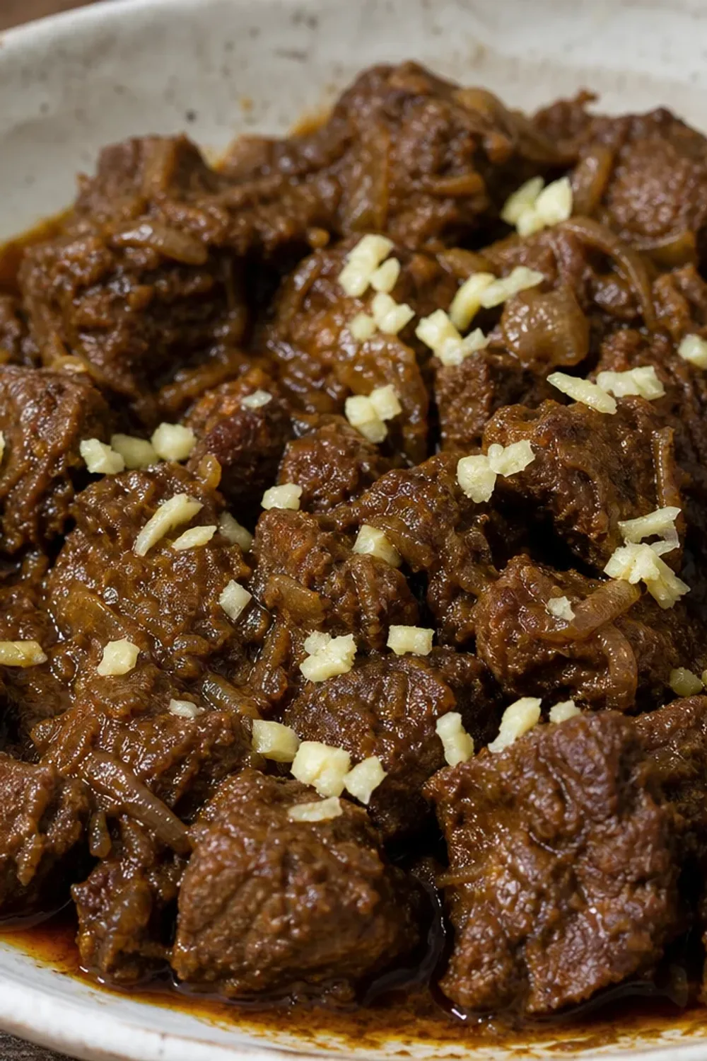 A bowl of beef kala bhuna with rich, dark sauce garnished with spices and herbs.