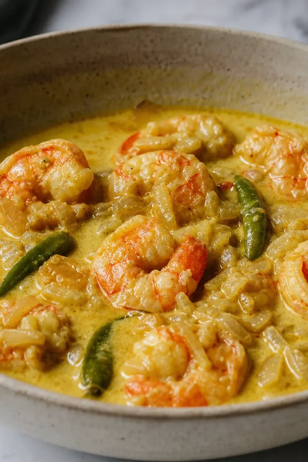 Creamy Chingri Malai Curry with prawns, coconut milk, and spices garnished with cilantro on a white plate.