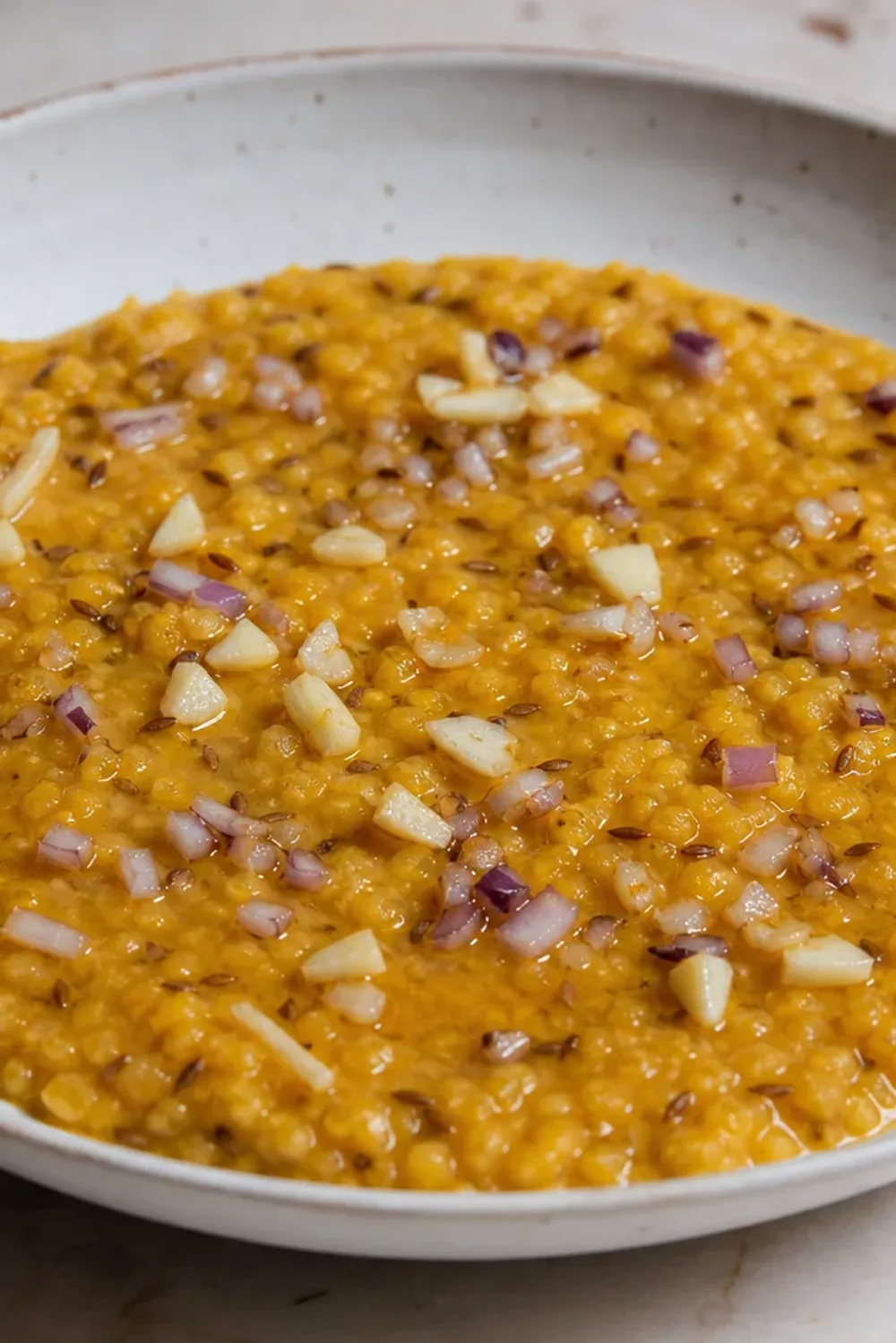 A bowl of Dal showcasing creamy red lentils with garlic and cumin, garnished with fresh cilantro.