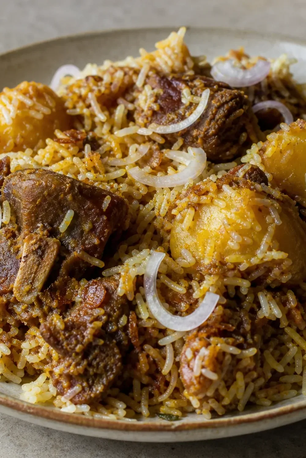 Layered biryani with tender mutton, saffron-infused rice, and golden potatoes garnished with herbs.