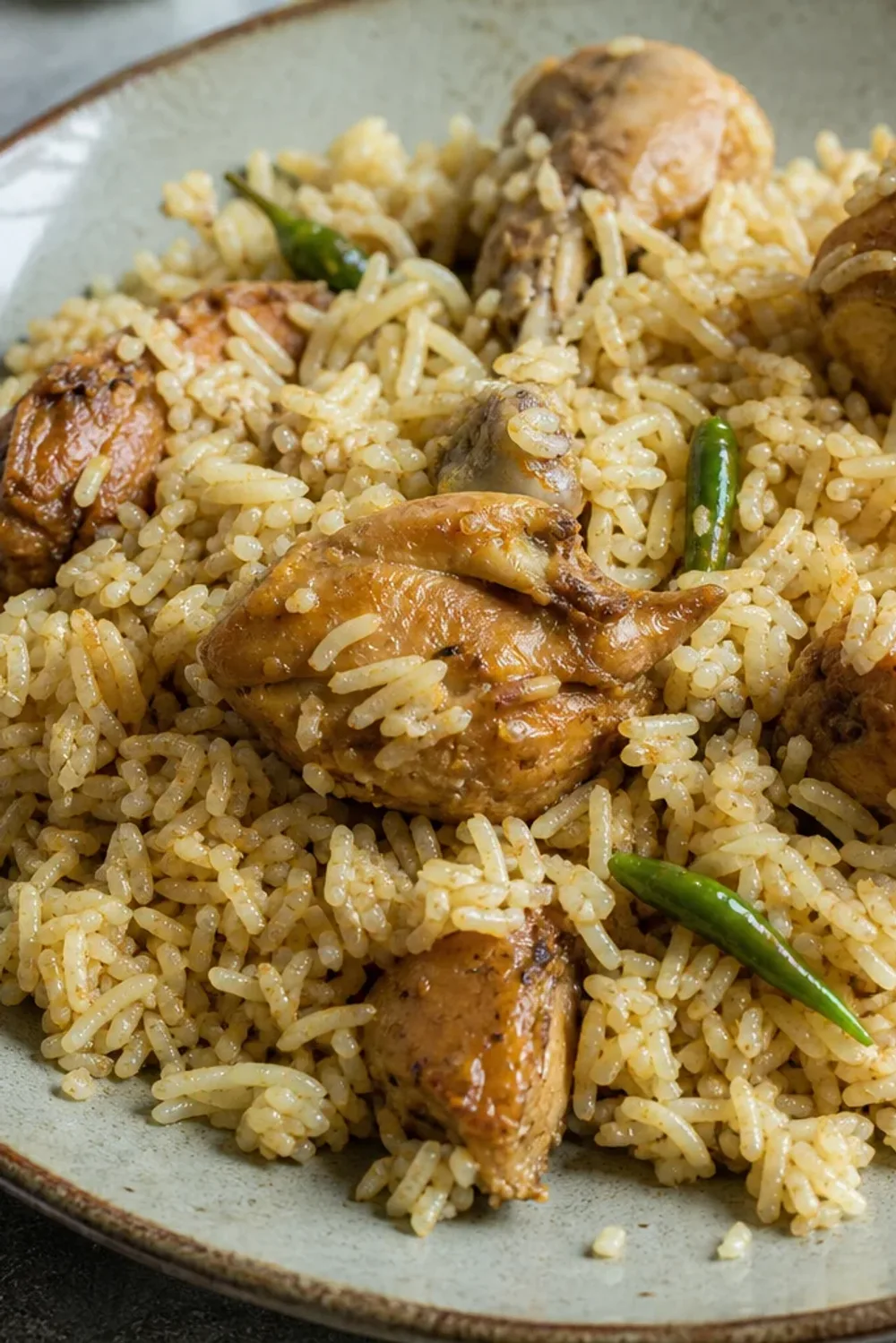 A vibrant plate of Morog Polao featuring tender chicken pieces atop fluffy fragrant rice garnished with fresh herbs.