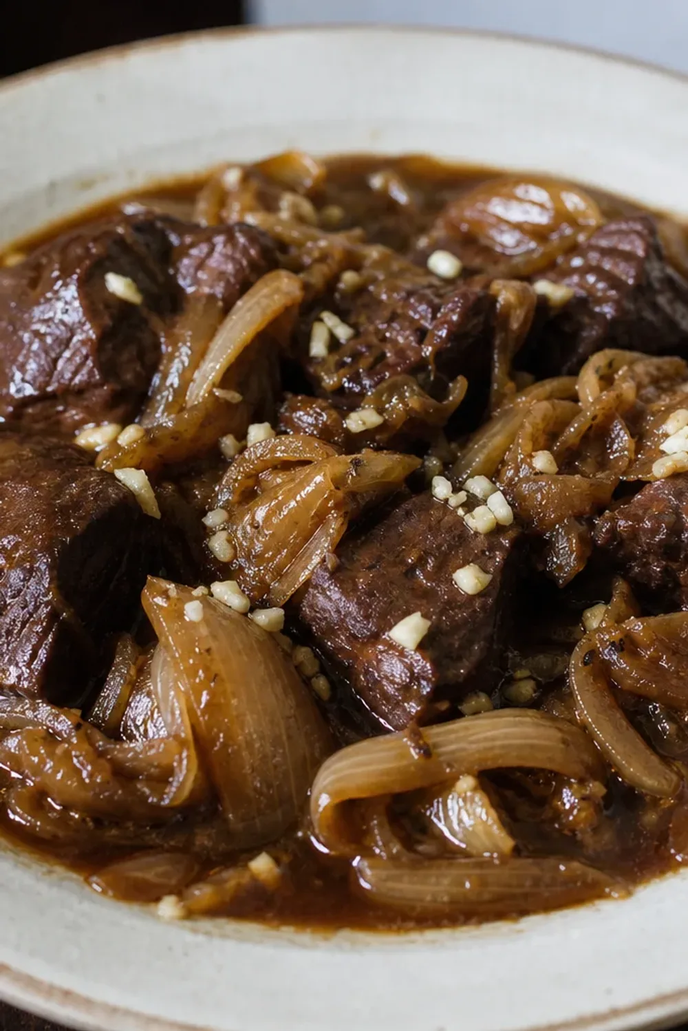 A hearty bowl of beef carbonnade with dark beer, tender beef pieces, and caramelized onions garnished with fresh herbs.