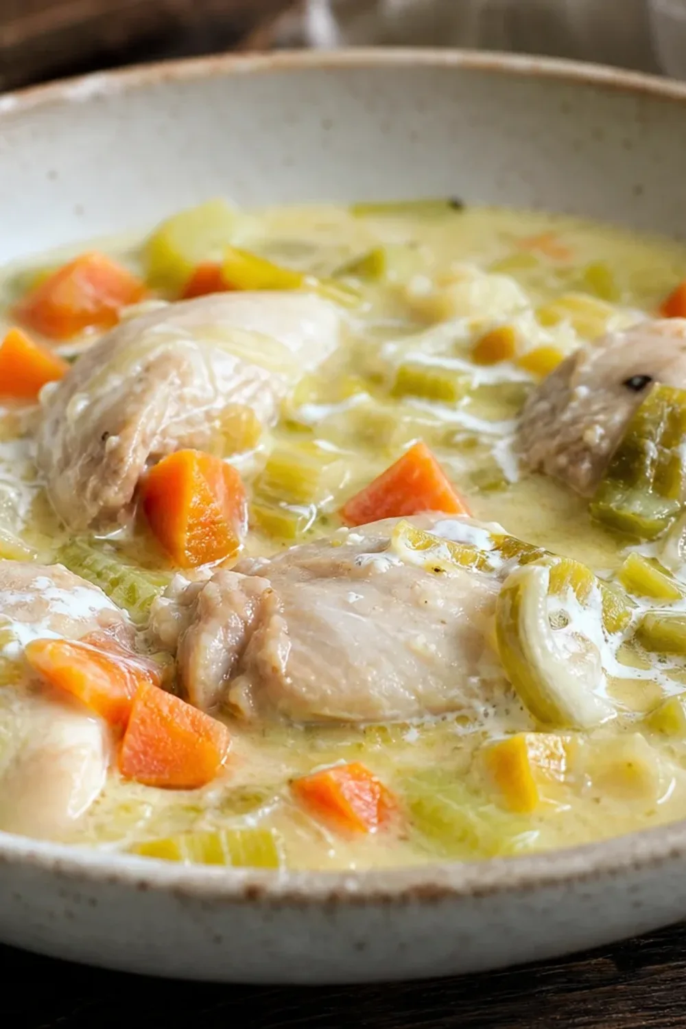 Creamy Belgian chicken waterzooi garnished with herbs and vegetables in a bowl.