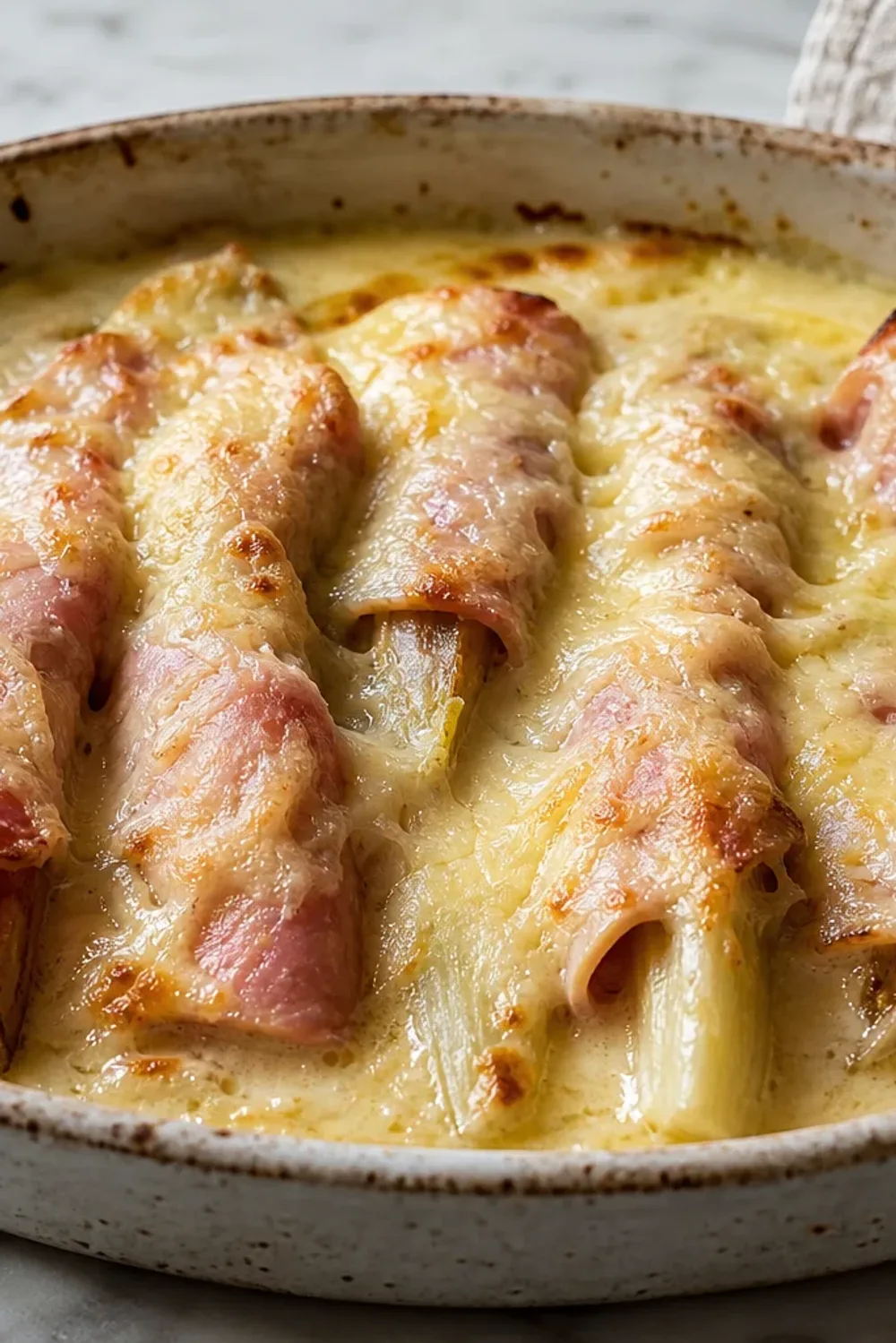 Golden-brown Belgian endive gratin topped with melted cheese and ham slices.