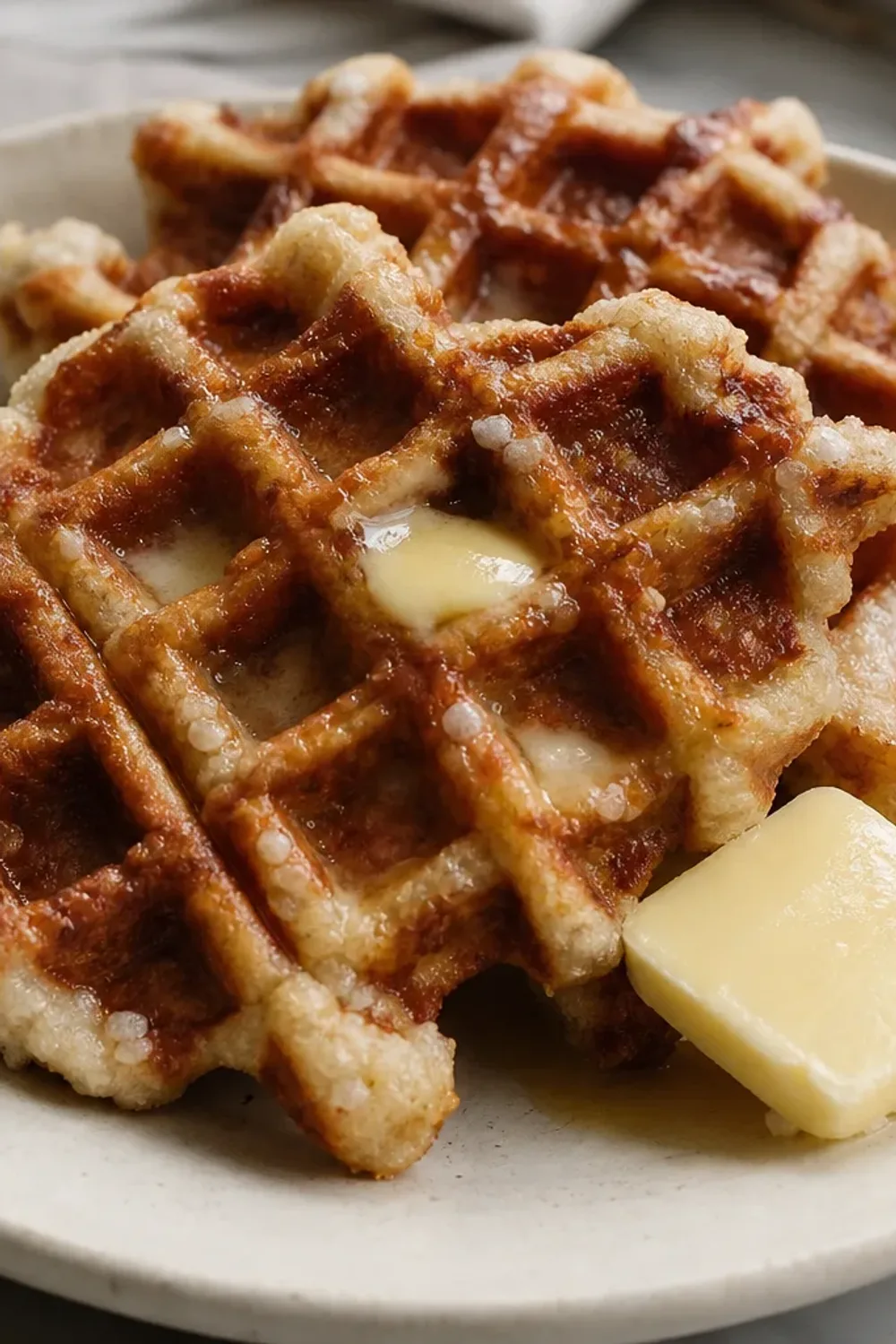 Golden-brown Belgian Liège waffles topped with pearl sugar and served on a plate.