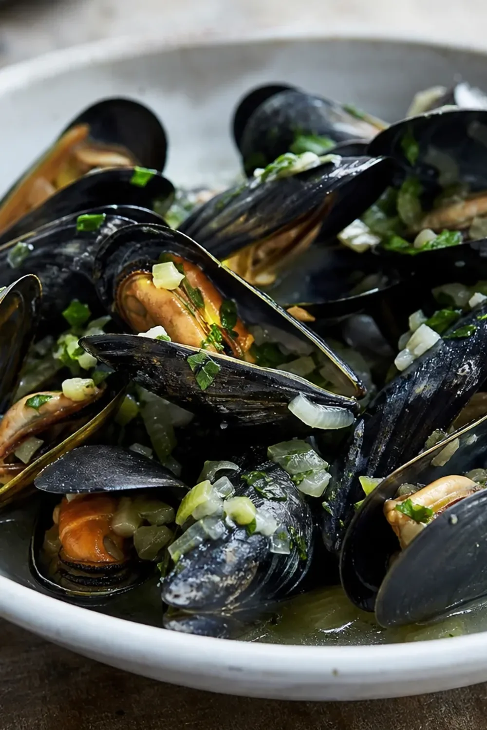 Plated moules-frites featuring plump mussels, golden fries, and fresh herbs garnishing the dish.
