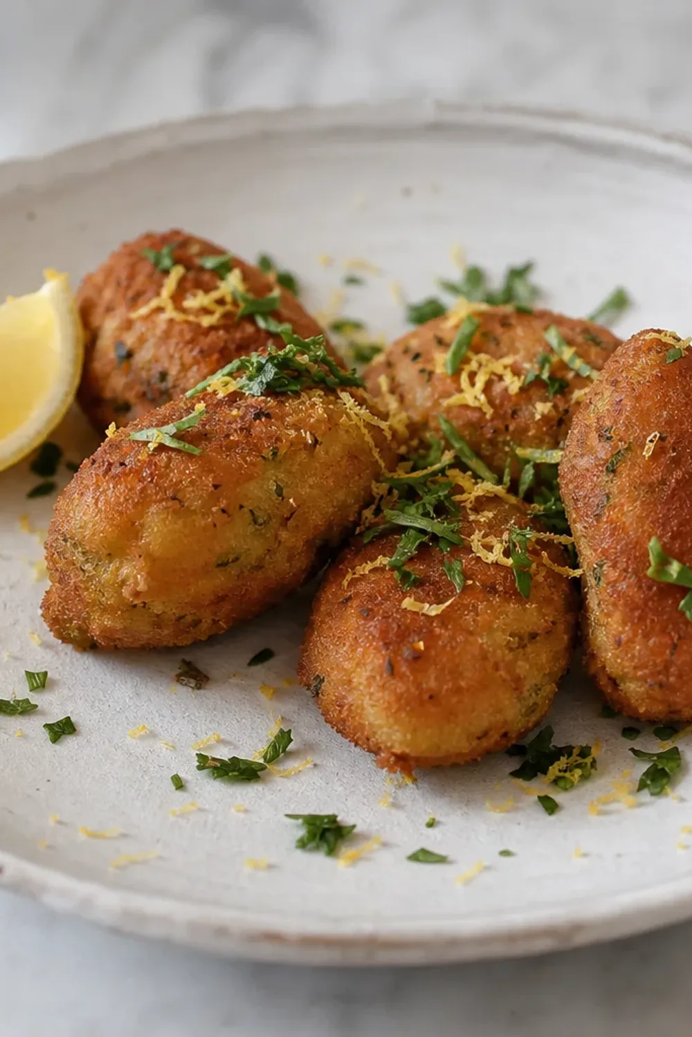 Golden brown shrimp croquettes garnished with fresh parsley and lemon wedges.