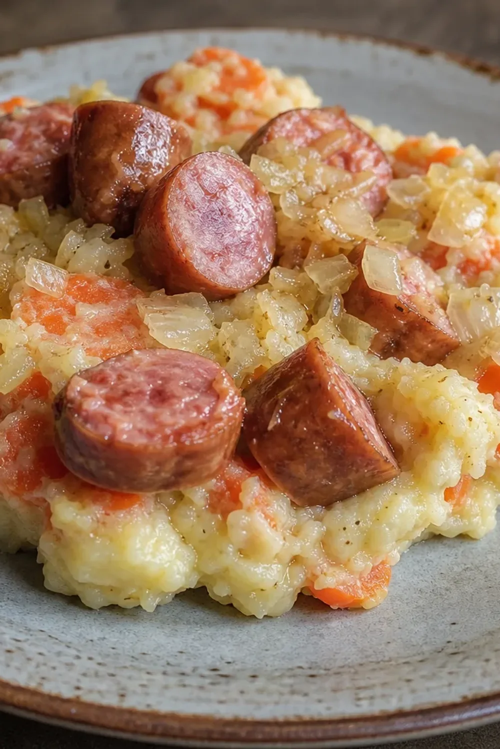 Creamy mashed potatoes and carrots with sliced sausage in a bowl, garnished with herbs.