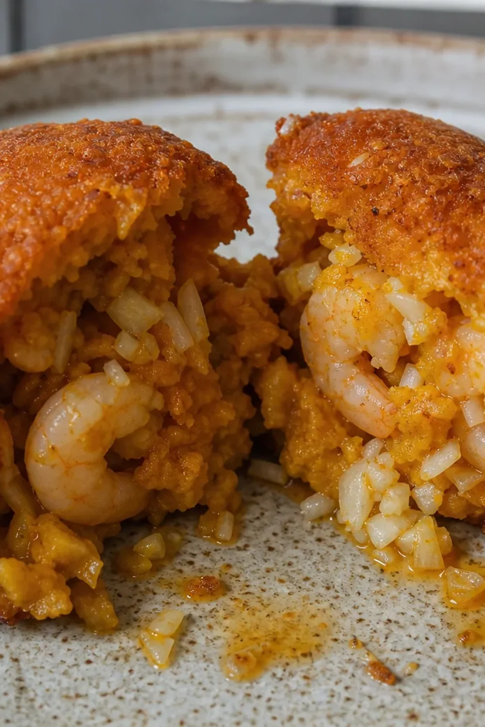 Golden brown acarajé balls filled with shrimp and vatapá, garnished with fresh herbs.