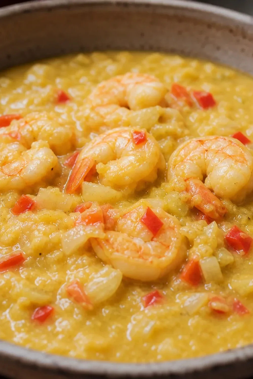 A creamy shrimp stew served in a bowl, garnished with cilantro and accompanied by rice.
