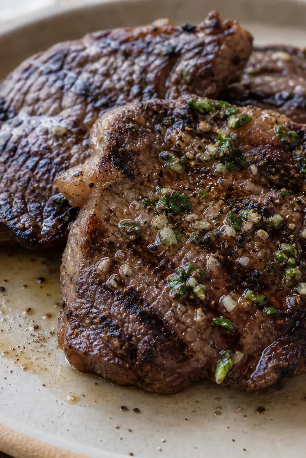 Juicy grilled churrasco steak garnished with garlic and rock salt, beautifully plated with a side of fresh herbs.