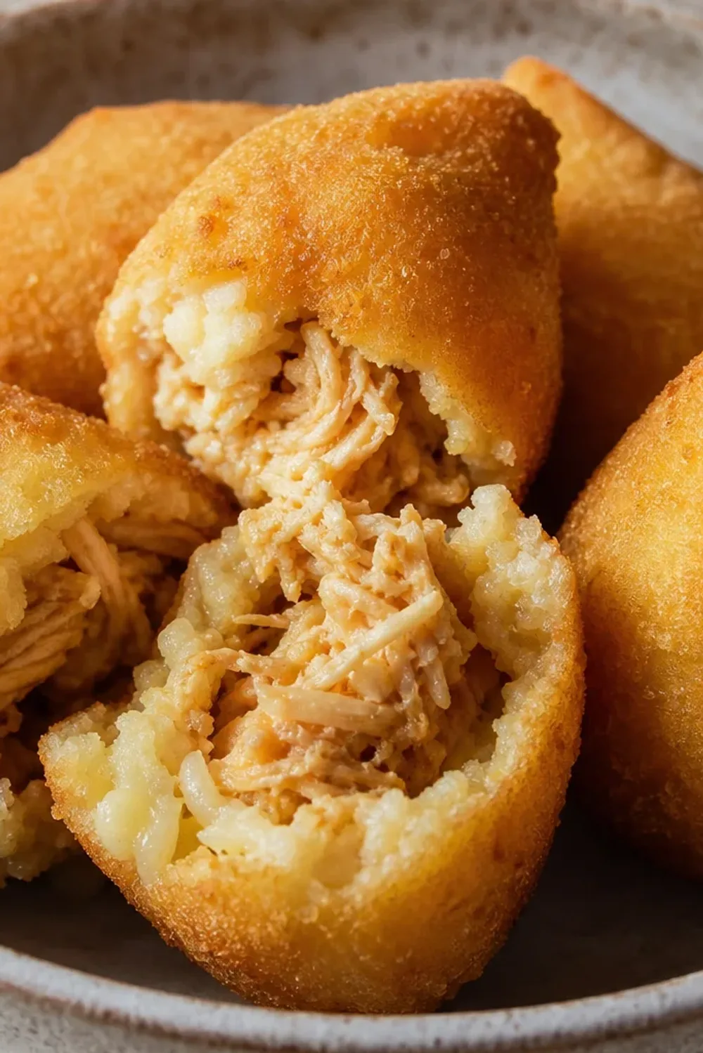 Crispy golden-brown coxinhas filled with shredded chicken, garnished with fresh herbs on a white plate.